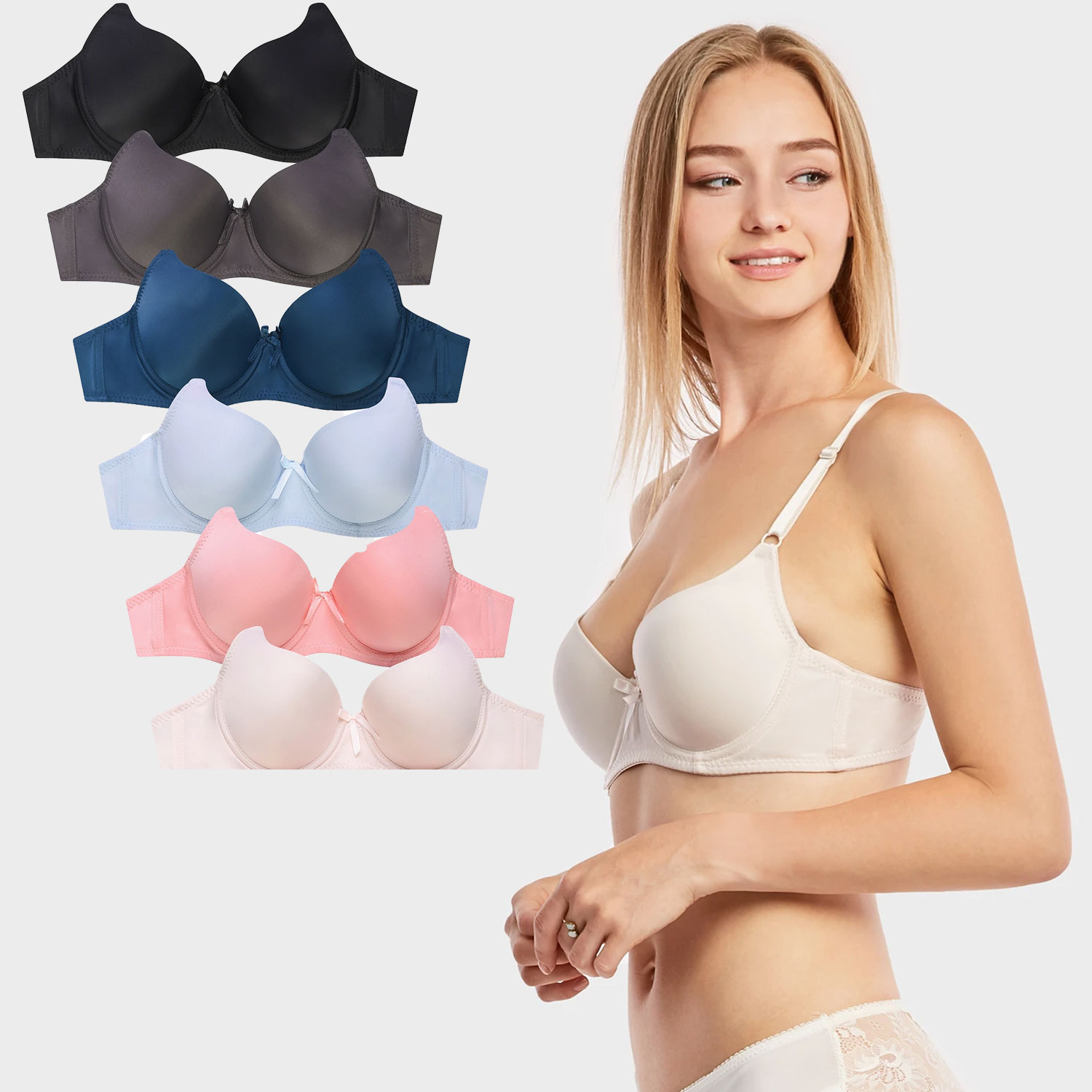  Ladies Full Cup Plain Bra W/ Lace Trim At Neckline 6 Pack