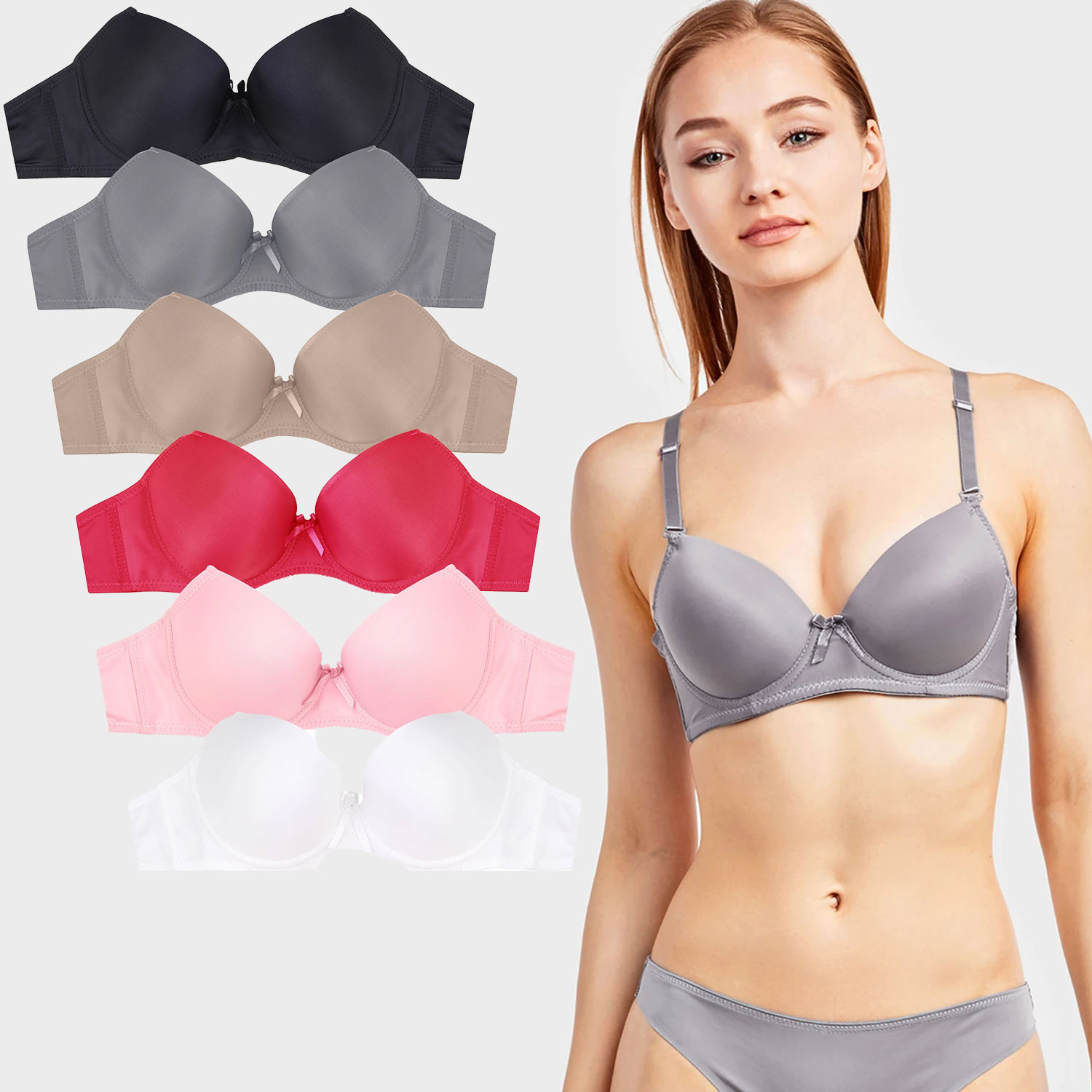  Ladies Full Cup Plain Bra W/ Lace Trim At Neckline 6 Pack