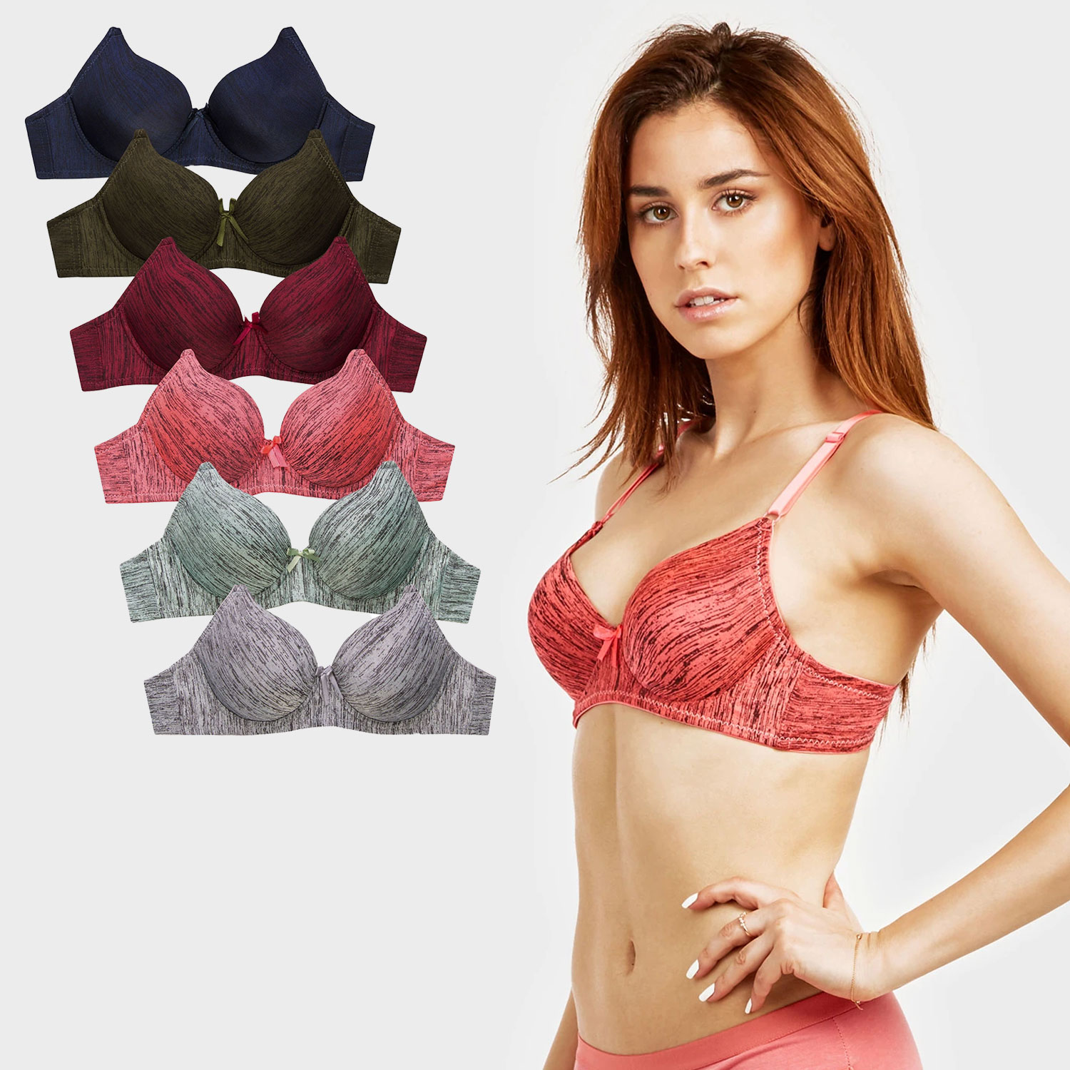  Ladies Full Cup Plain Bra W/ Lace Trim At Neckline 6 Pack