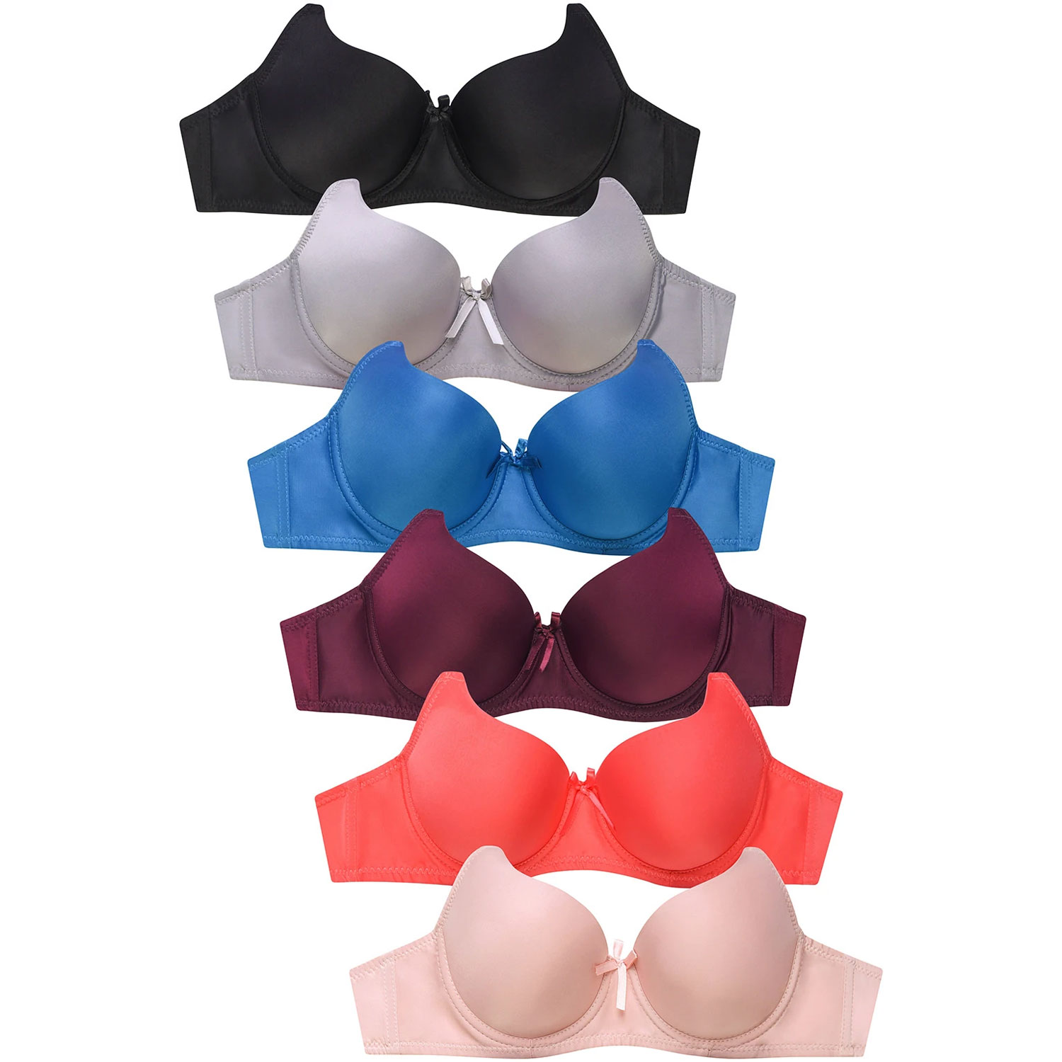  Ladies Full Cup Plain Bra W/ Lace Trim At Neckline 6 Pack