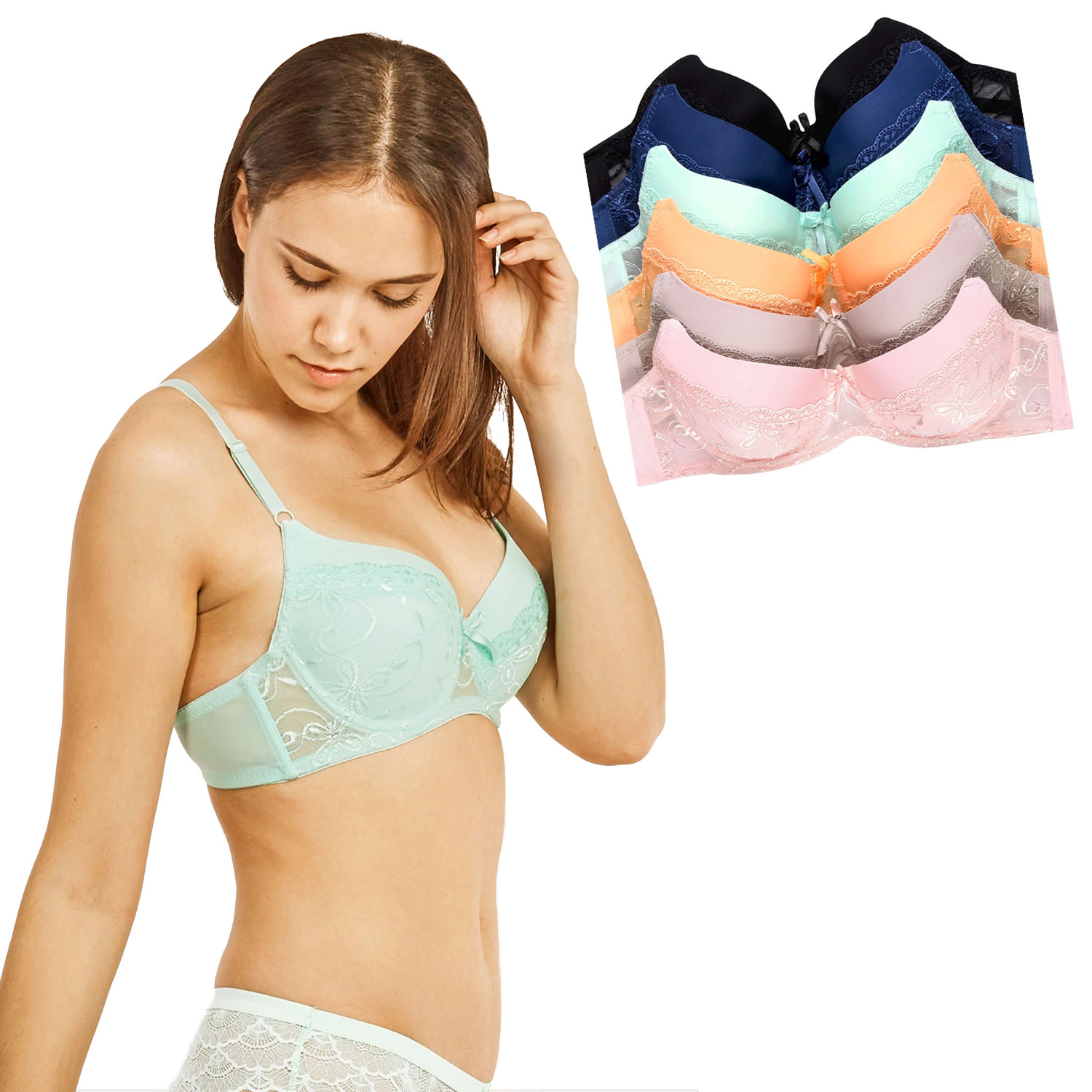  6 Pack Sofra Ladies Full Cup Plain Lace Bra