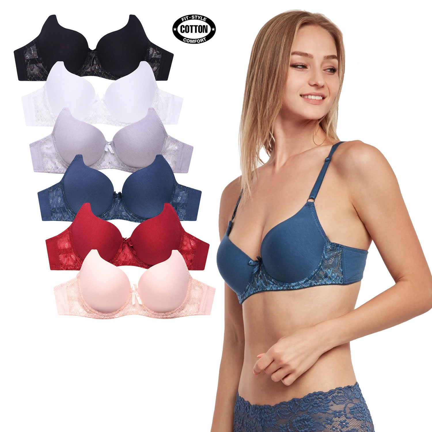 6 Pack Sofra Ladies Plain Lace Bra