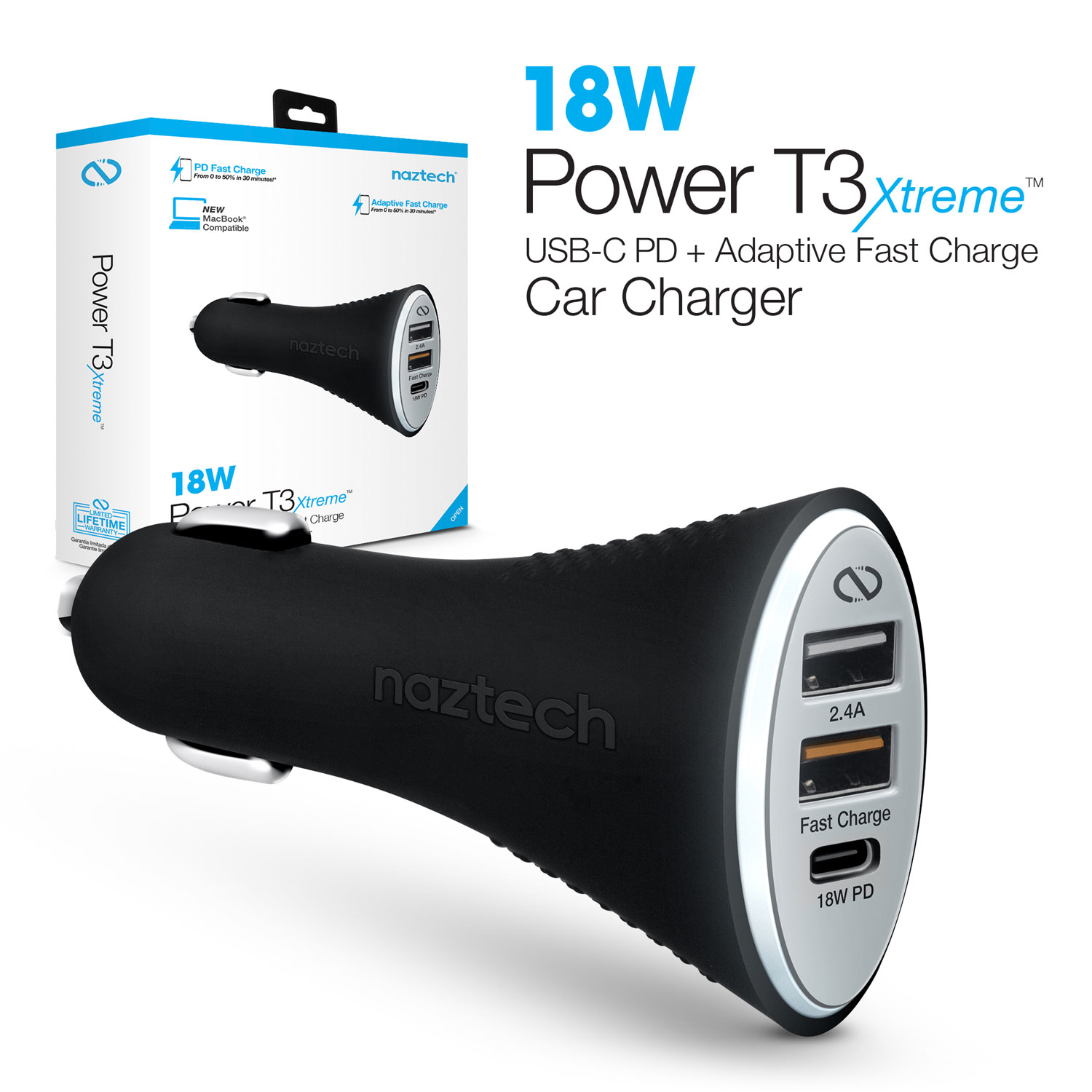 Naztech Power T3 Xtreme 18W USB-C PD+AFC+2.4A Car Charger