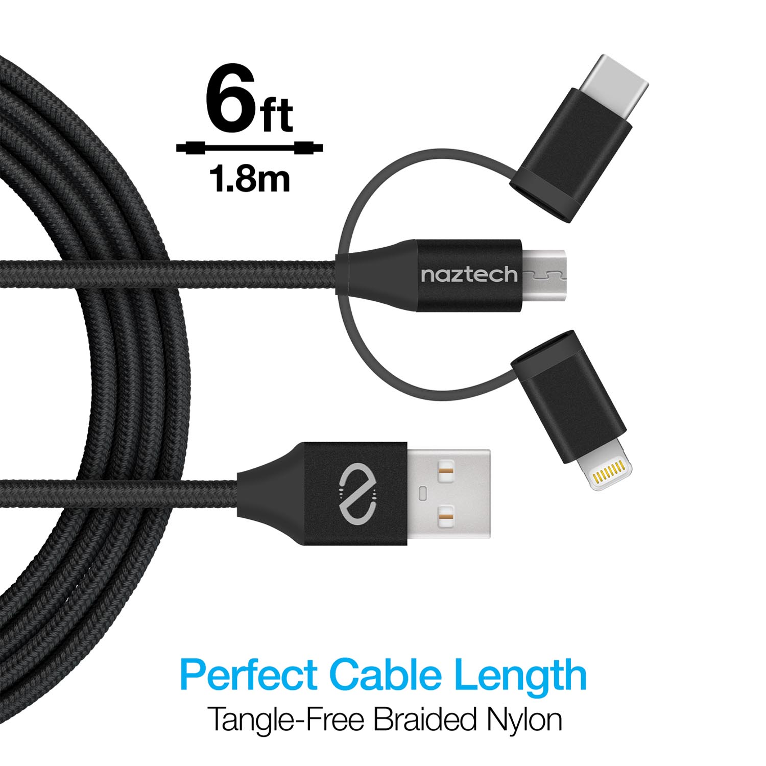 Naztech 3-in-1 Braided Micro USB + Lightning + USB-C Cable
