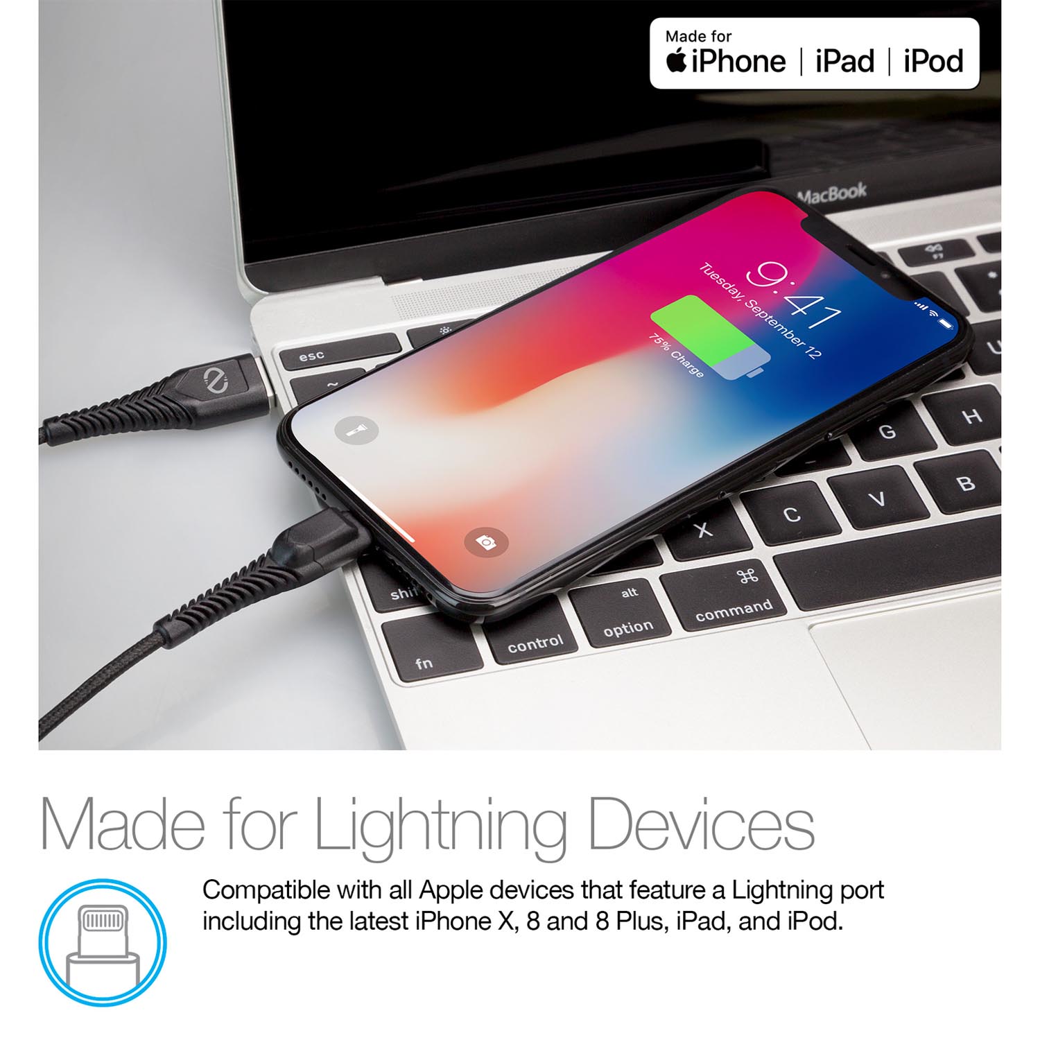 Naztech Braided LED MFI Lightning Charge And Sync Cable