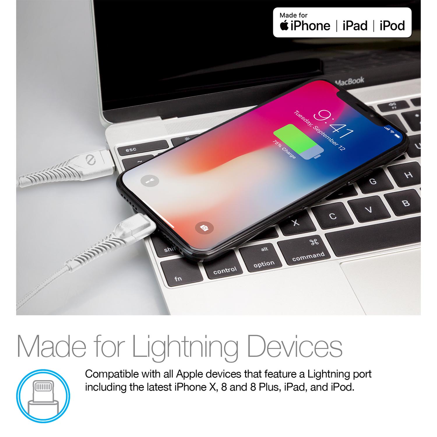 Naztech Braided LED MFI Lightning Charge And Sync Cable