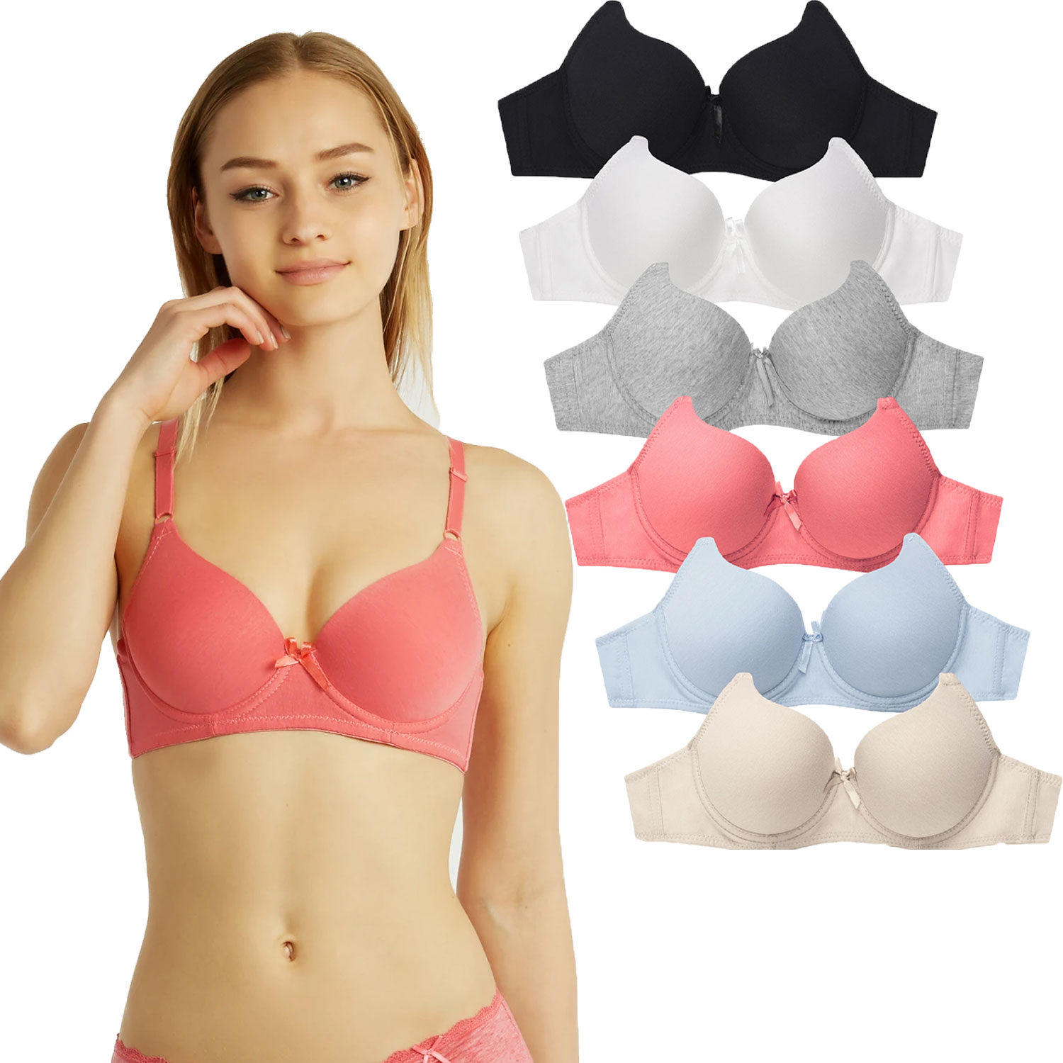 6-Pack Ladies Full Cup Plain Cotton Bra