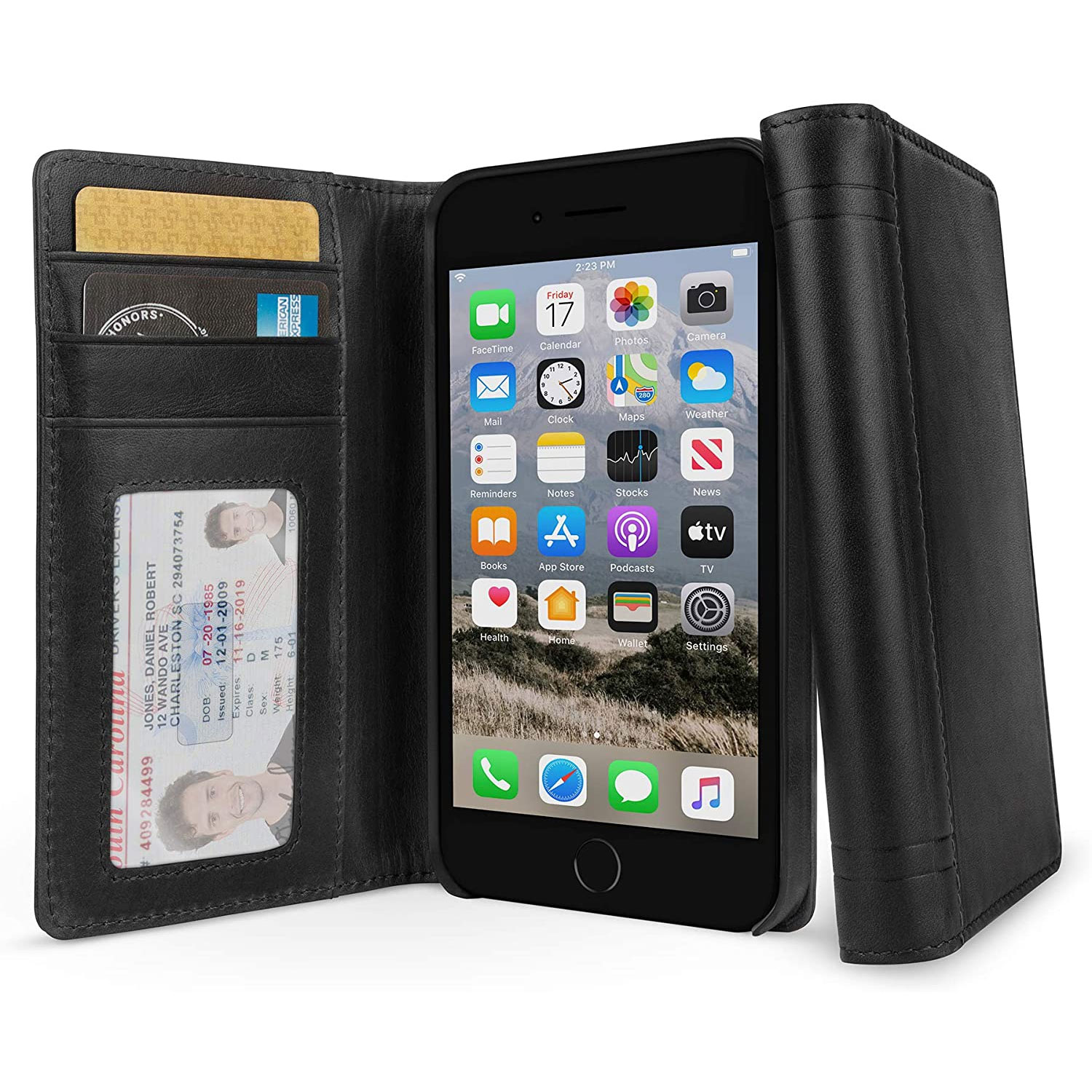 Journal for iPhone SE 2nd Gen, 8/7/ 6, Full Grain Leather Wallet Folio Case And Display Stand Black