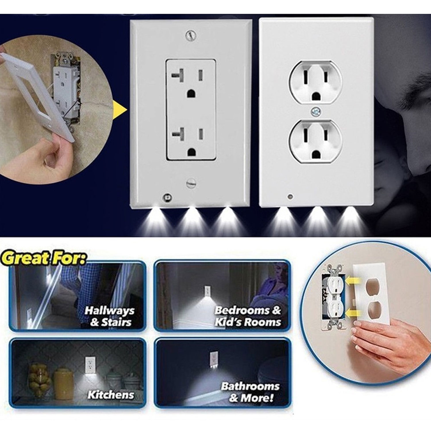 5Pack Night Duplex Outlet Cover Wall Plate w/ Led Night Light Sensor 