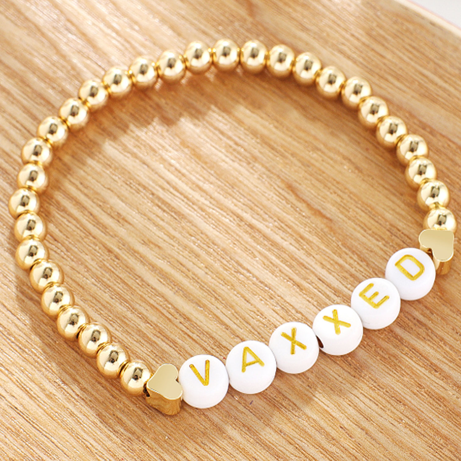 18K Yellow Gold Plated Gold Bead Heart Charm Vaccinated Stretch Bracele