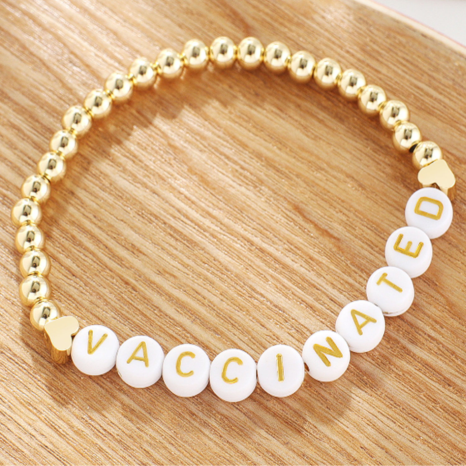 18K Yellow Gold Plated Gold Bead Heart Charm Vaccinated Stretch Bracele