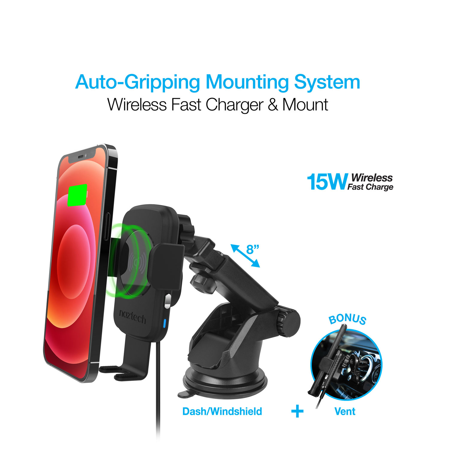Naztech Smart Grip Wireless Charging Car Mount Black