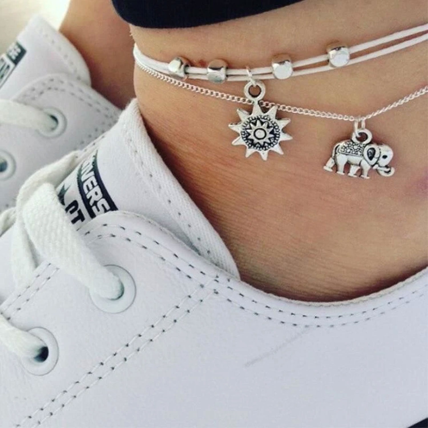 Women's Silver Sun And Elephant Anklet Bracelet