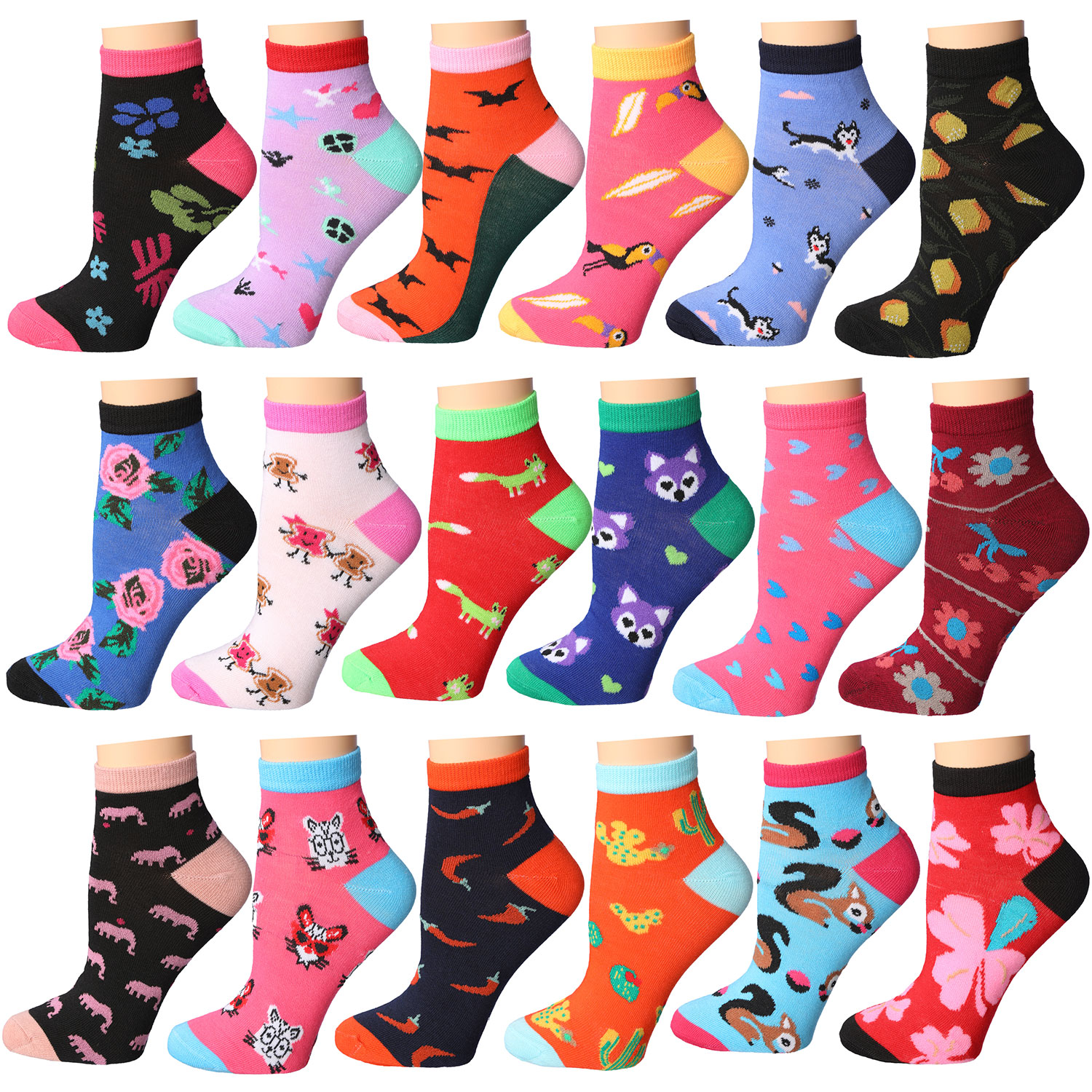 18 Pairs Frenchic Women's Fun Patterned Cotton-Blend Ankle Socks