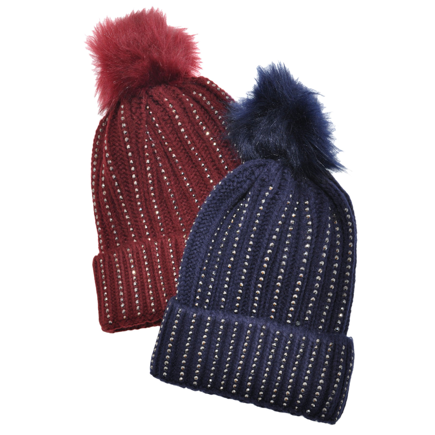 Pom-Pom Knit Beanies With Rhinestone Accent Design 2-Pack