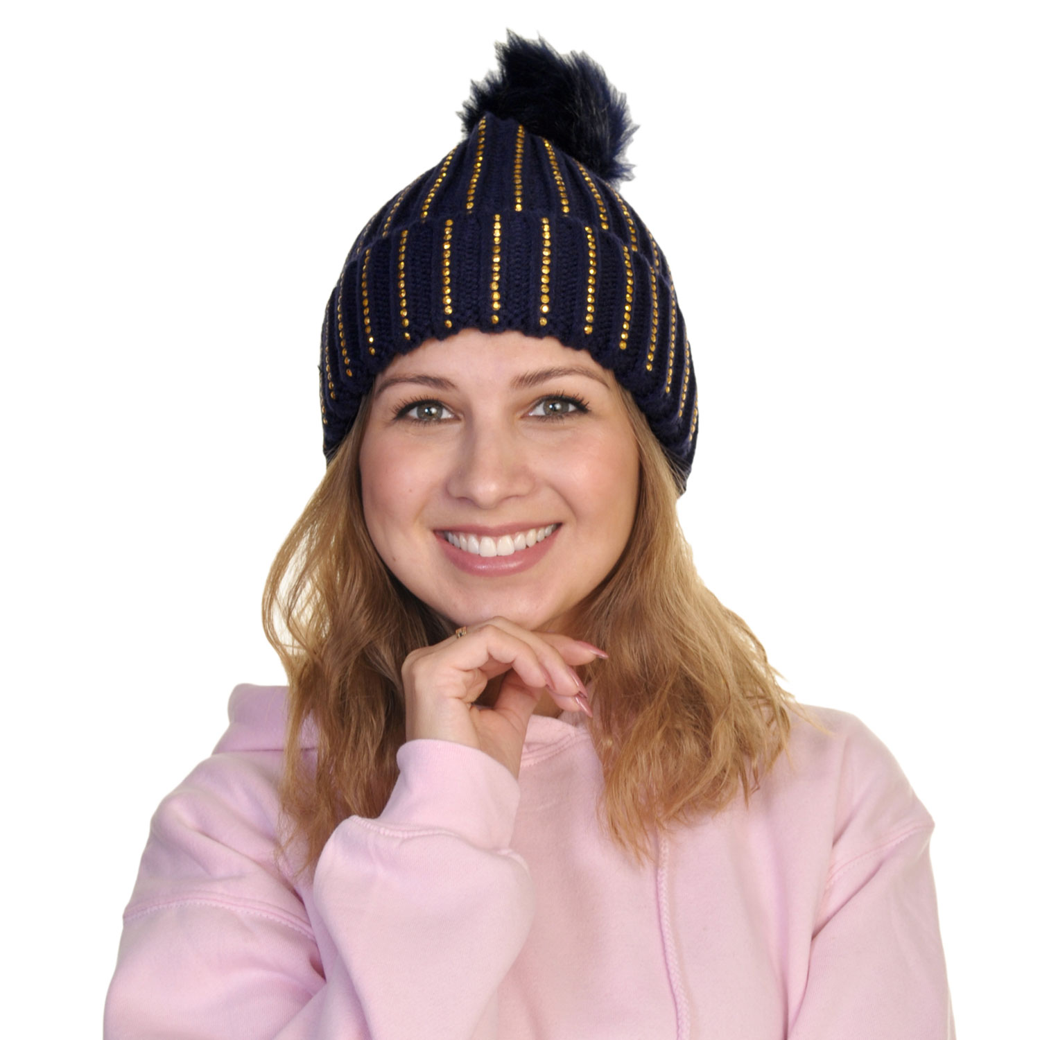 Pom-Pom Knit Beanies With Rhinestone Accent Design 2-Pack