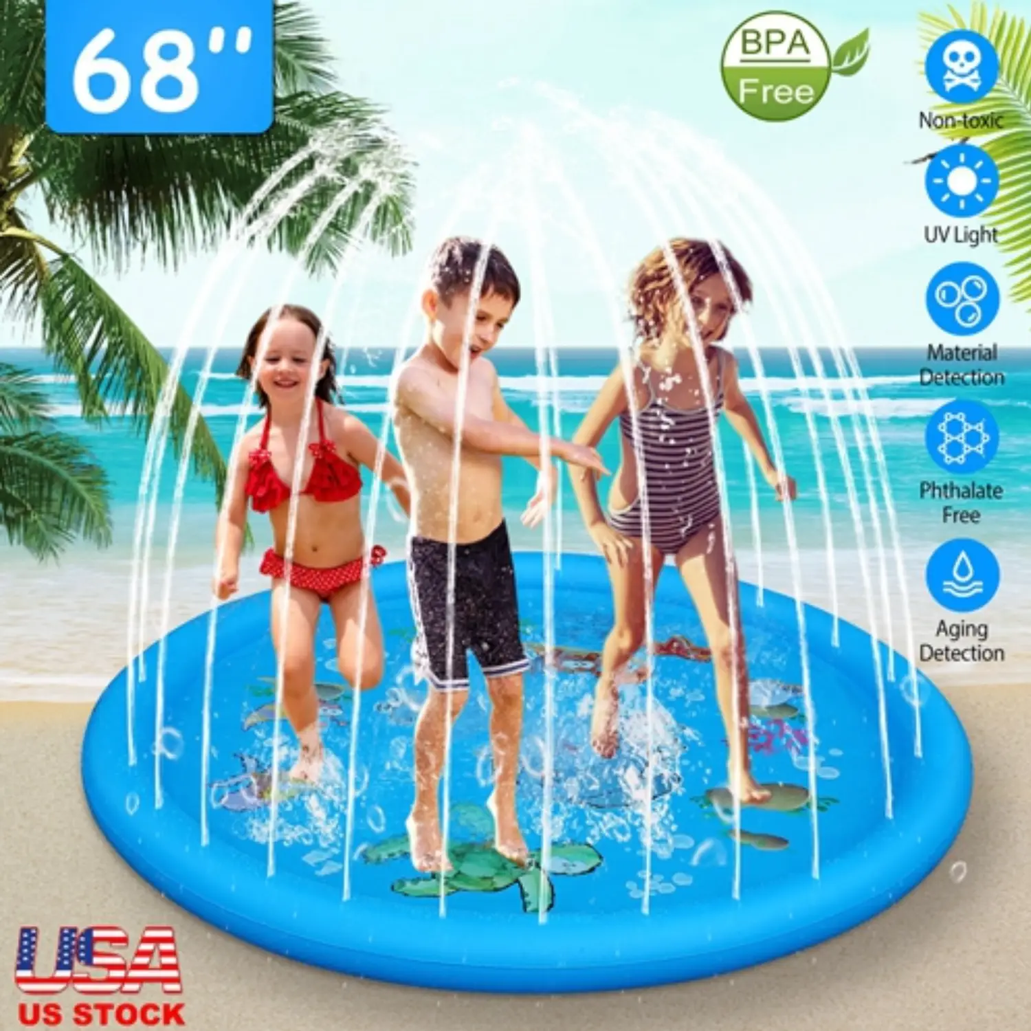 Sprinkler And Splash Pad For Kids 68In Inflatable Blow Up Pool Mat Summer Outdoor Water Toys