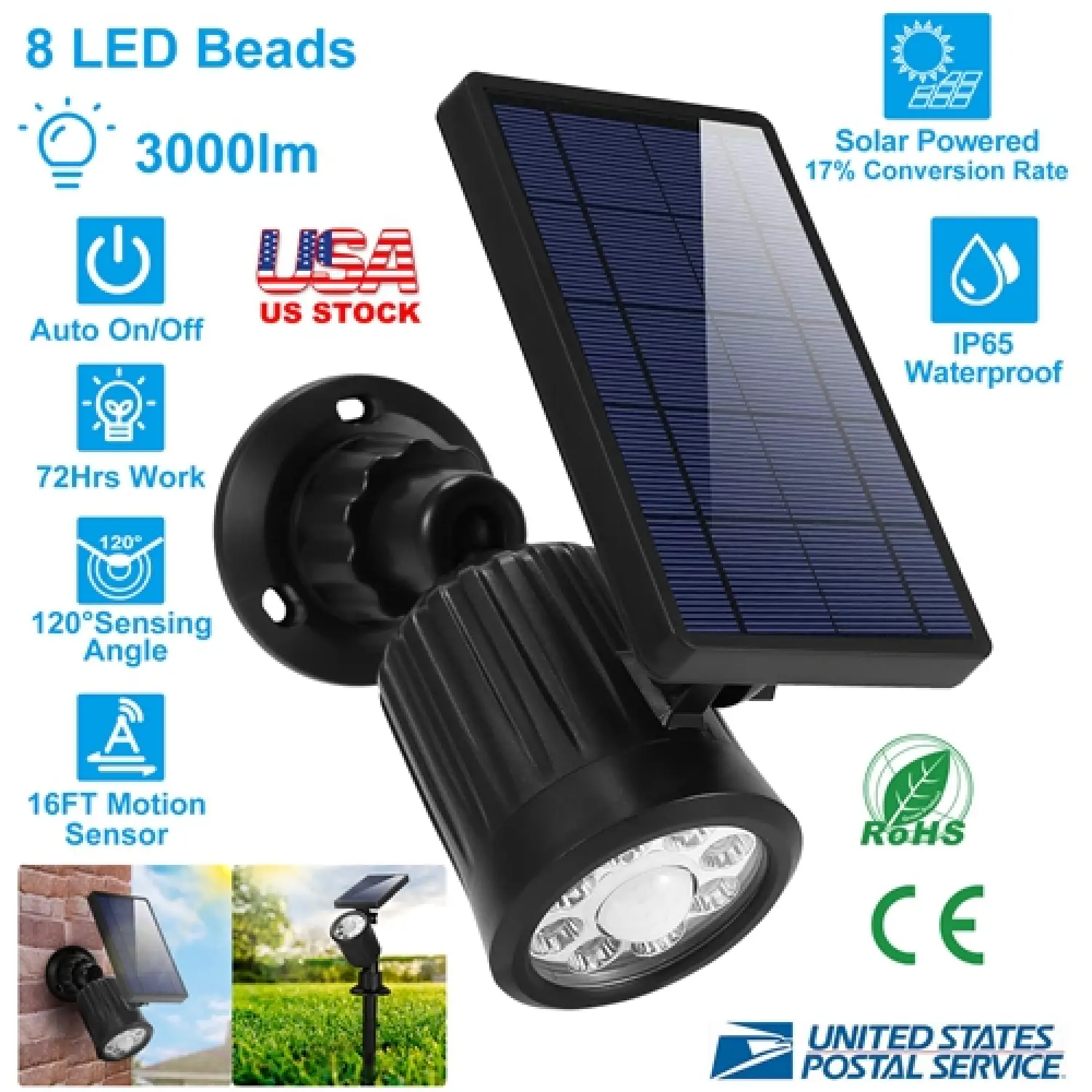 Outdoor Solar Powered LED Spotlights Motion Sensor IP65 Waterproof Security Lights