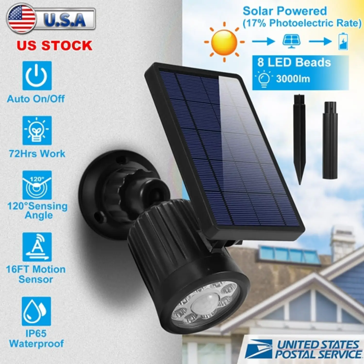 Outdoor Solar Powered LED Spotlights Motion Sensor IP65 Waterproof Security Lights