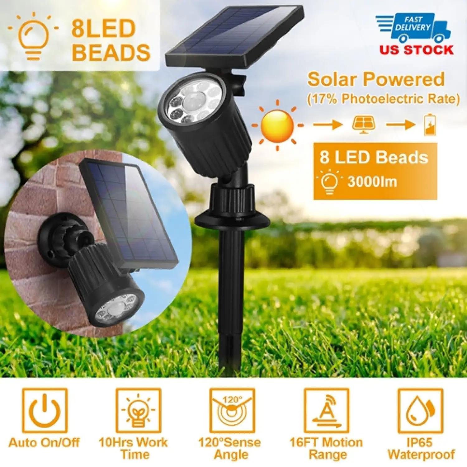 Outdoor Solar Powered LED Spotlights Motion Sensor IP65 Waterproof Security Lights