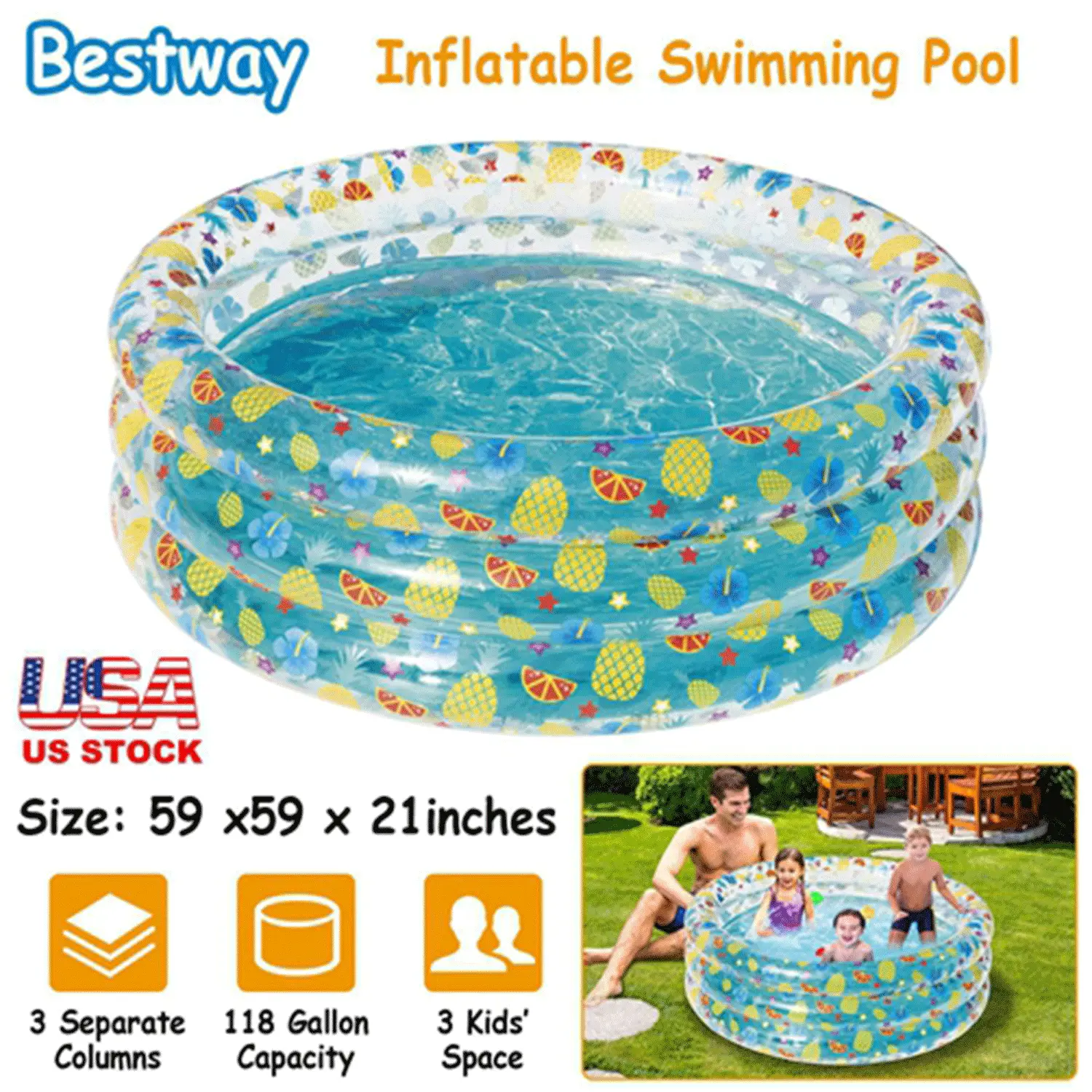 Inflatable Swimming Pool - 59" x 59" x 21"