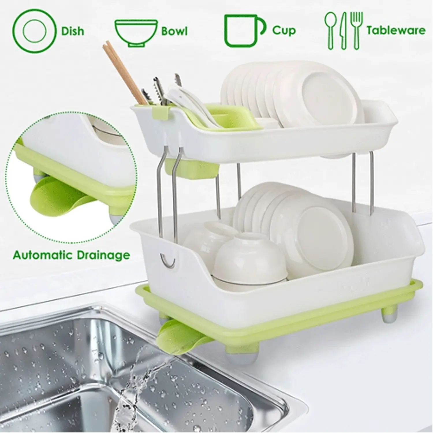2-Tier Dish-Drying Rack, Cutlery Holder, Drainage Tray
