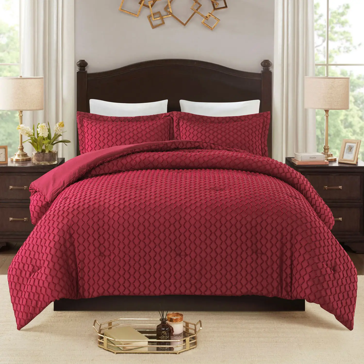 JML Bed In A Bag Jacquard Comforter Set With Tufted Diamond Pillowcases