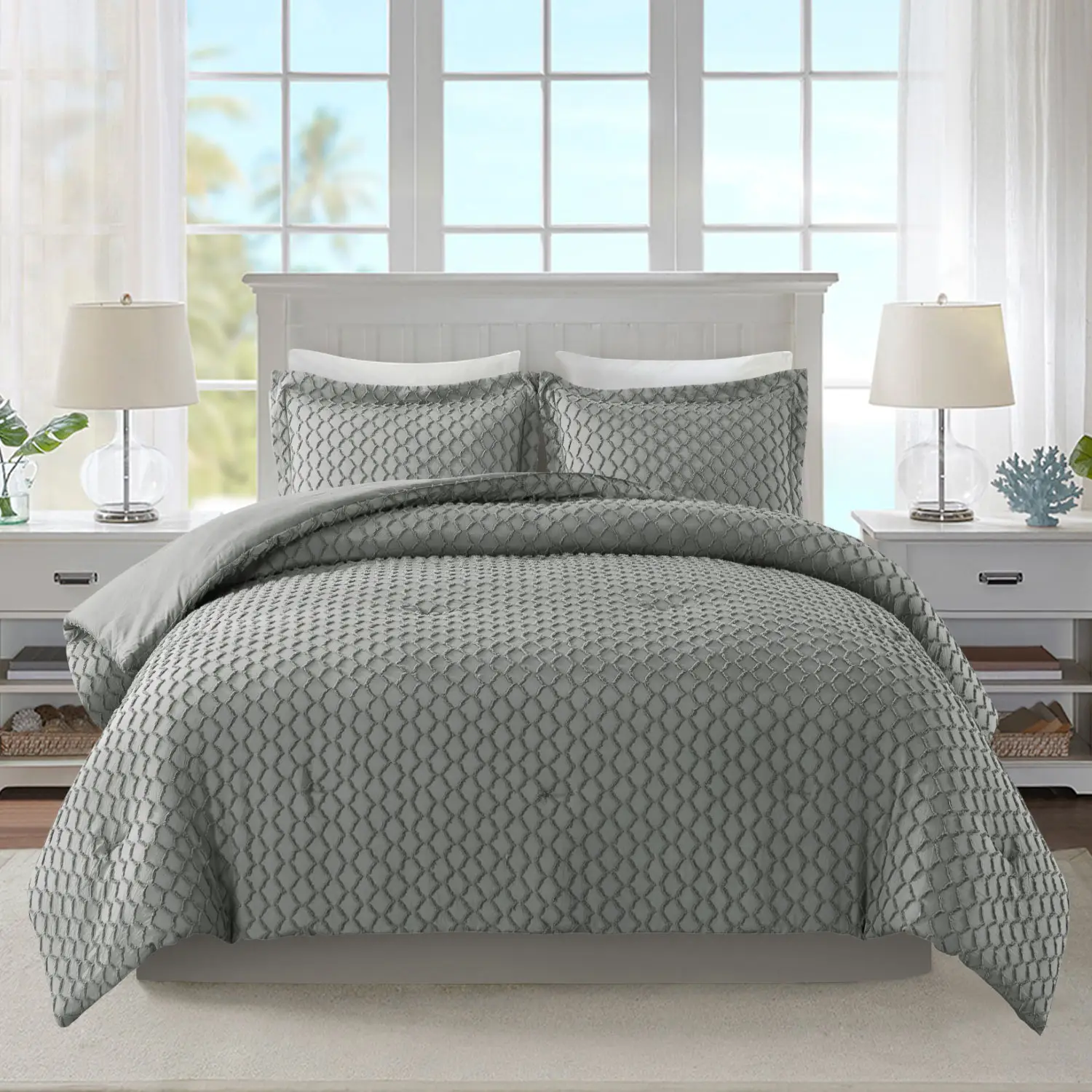 JML Bed In A Bag Jacquard Comforter Set With Tufted Diamond Pillowcases