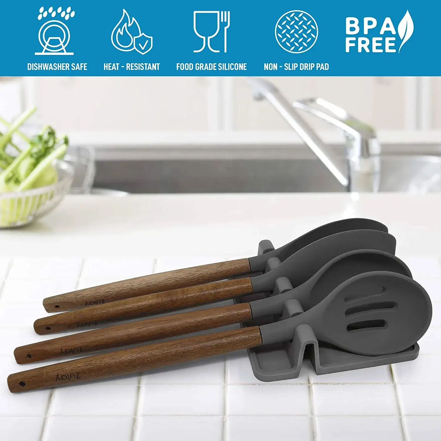 Silicone Utensil Rest with Drip Pad - Dark Grey