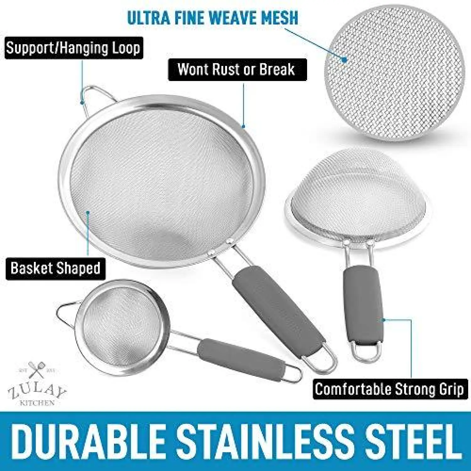 Kitchen Strainer For Sifting, Straining, & Draining (Set of 3)