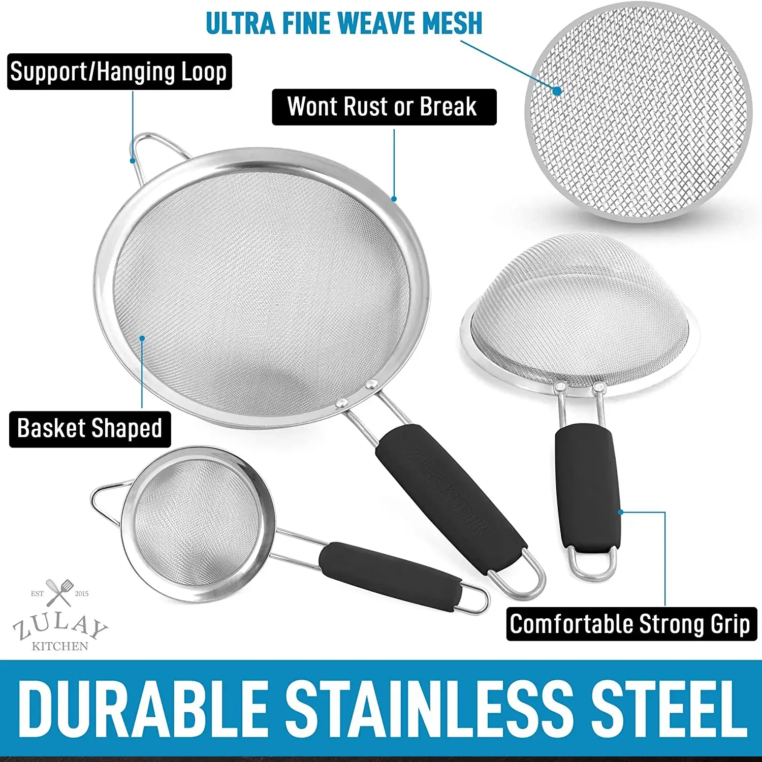 Kitchen Strainer For Sifting, Straining, & Draining (Set of 3)