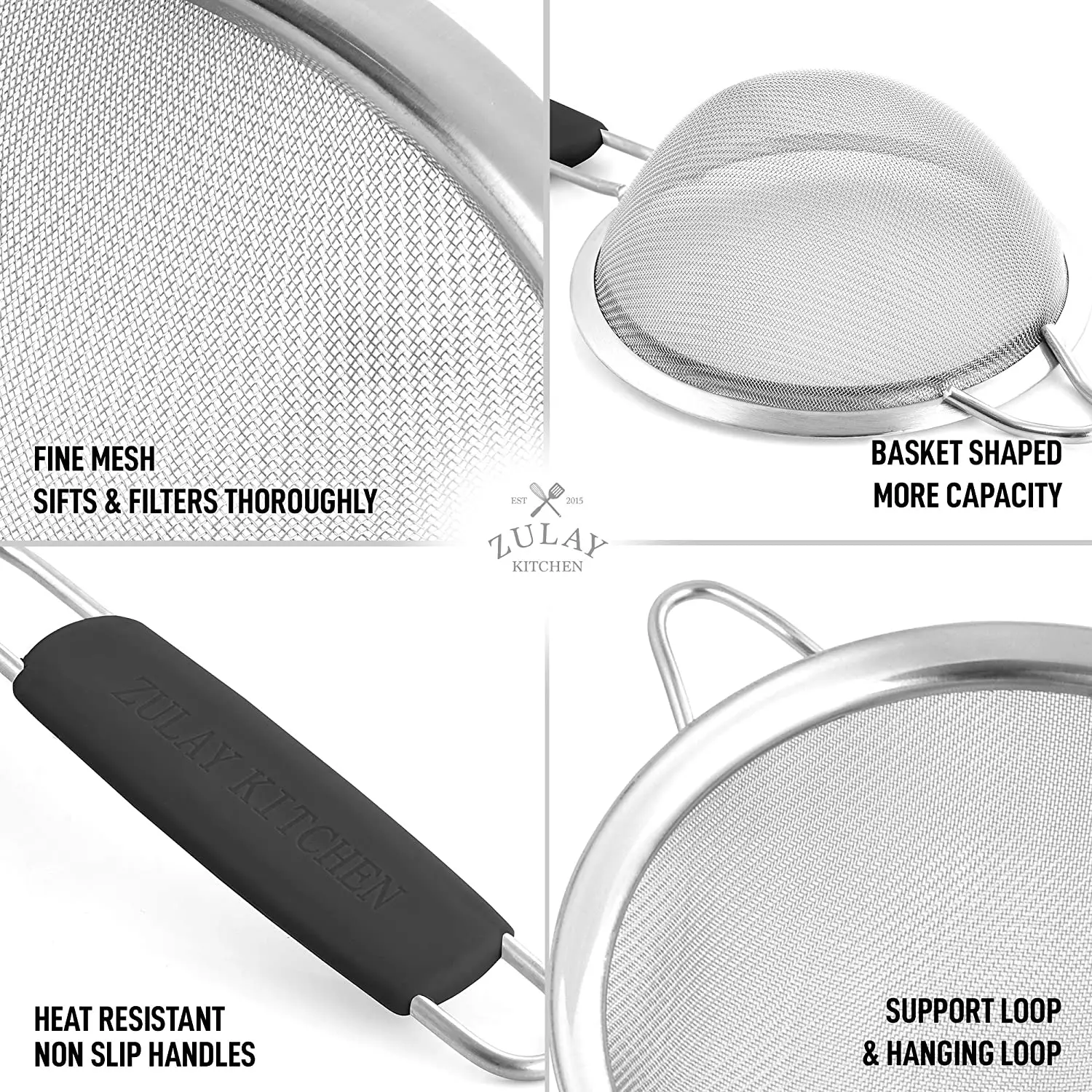 Kitchen Strainer For Sifting, Straining, & Draining (Set of 3)