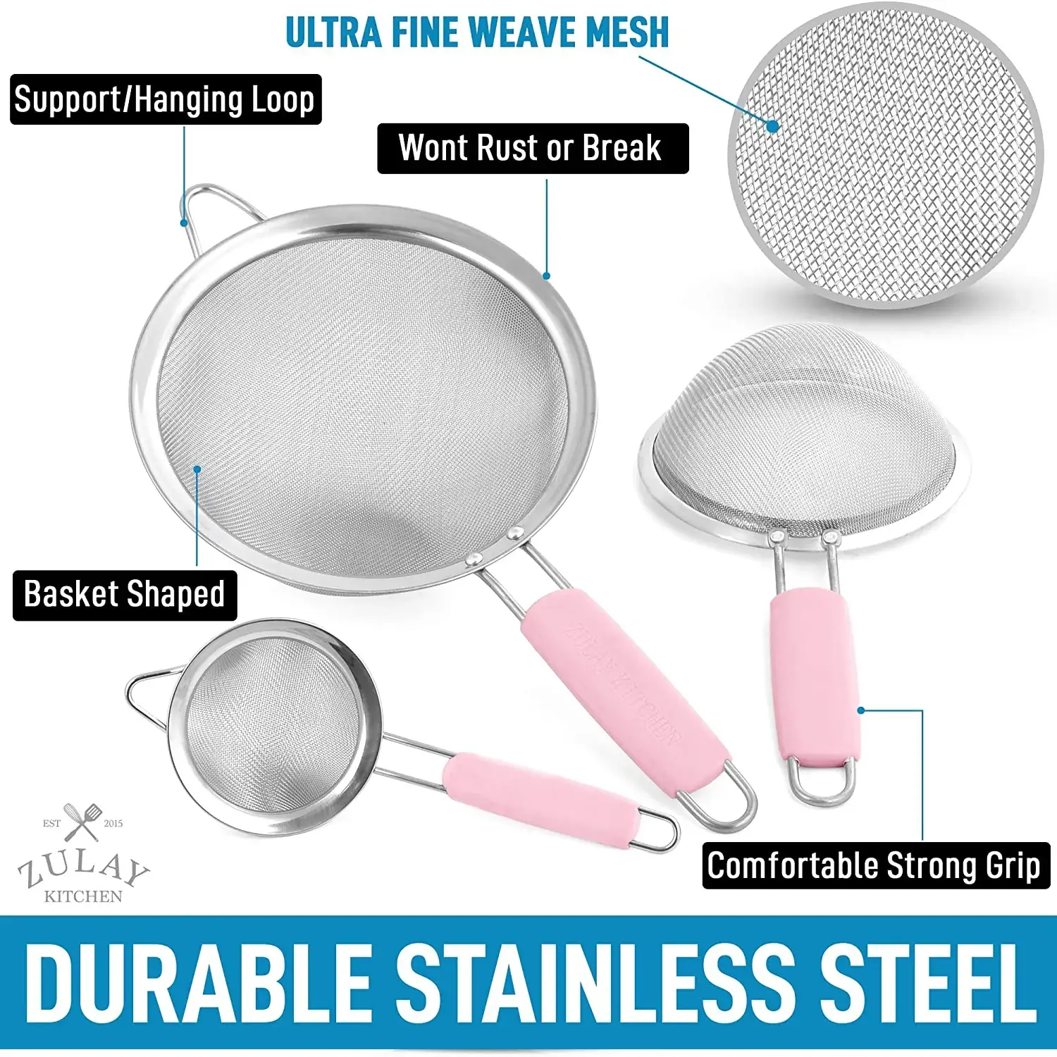 Kitchen Strainer For Sifting, Straining, & Draining (Set of 3)