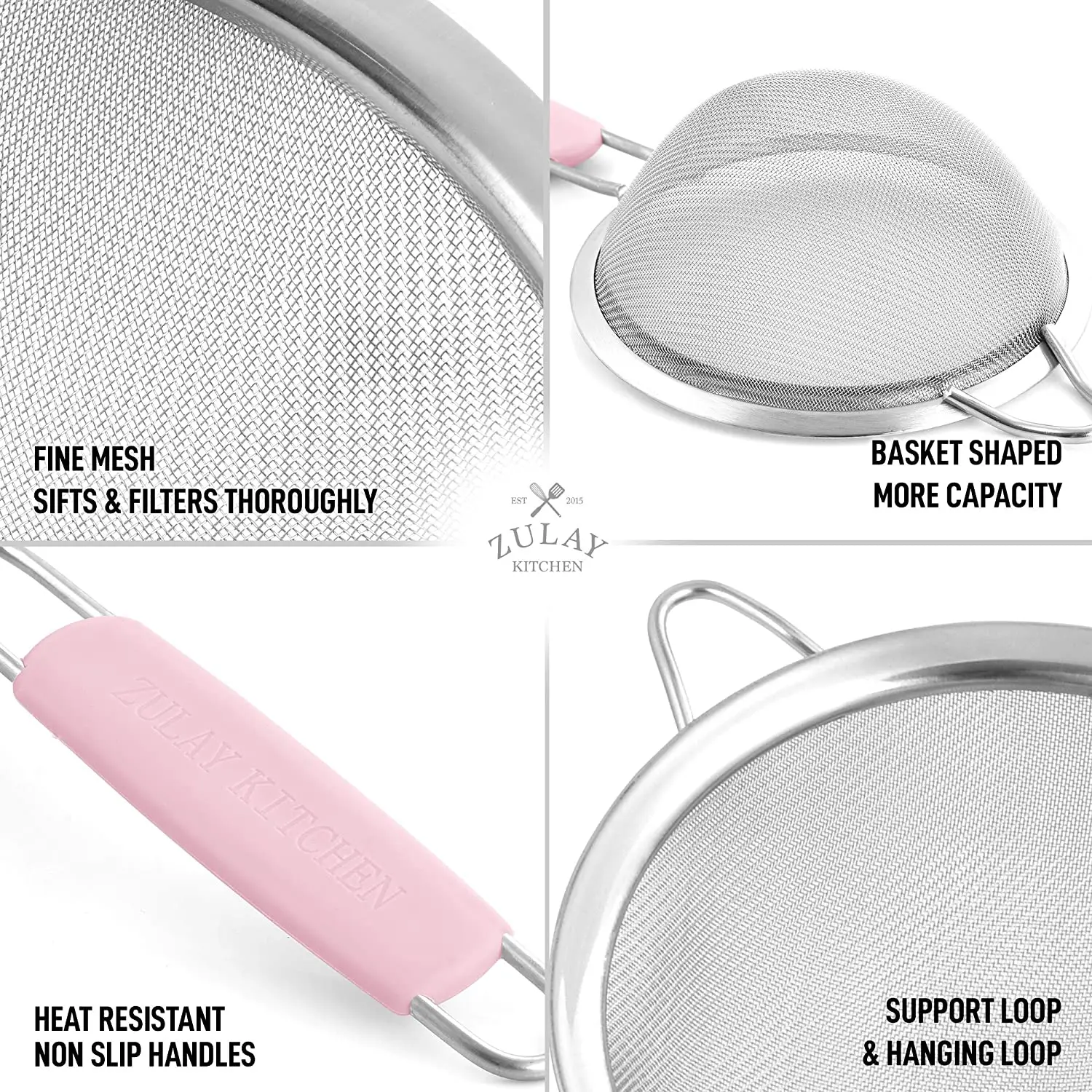 Kitchen Strainer For Sifting, Straining, & Draining (Set of 3)