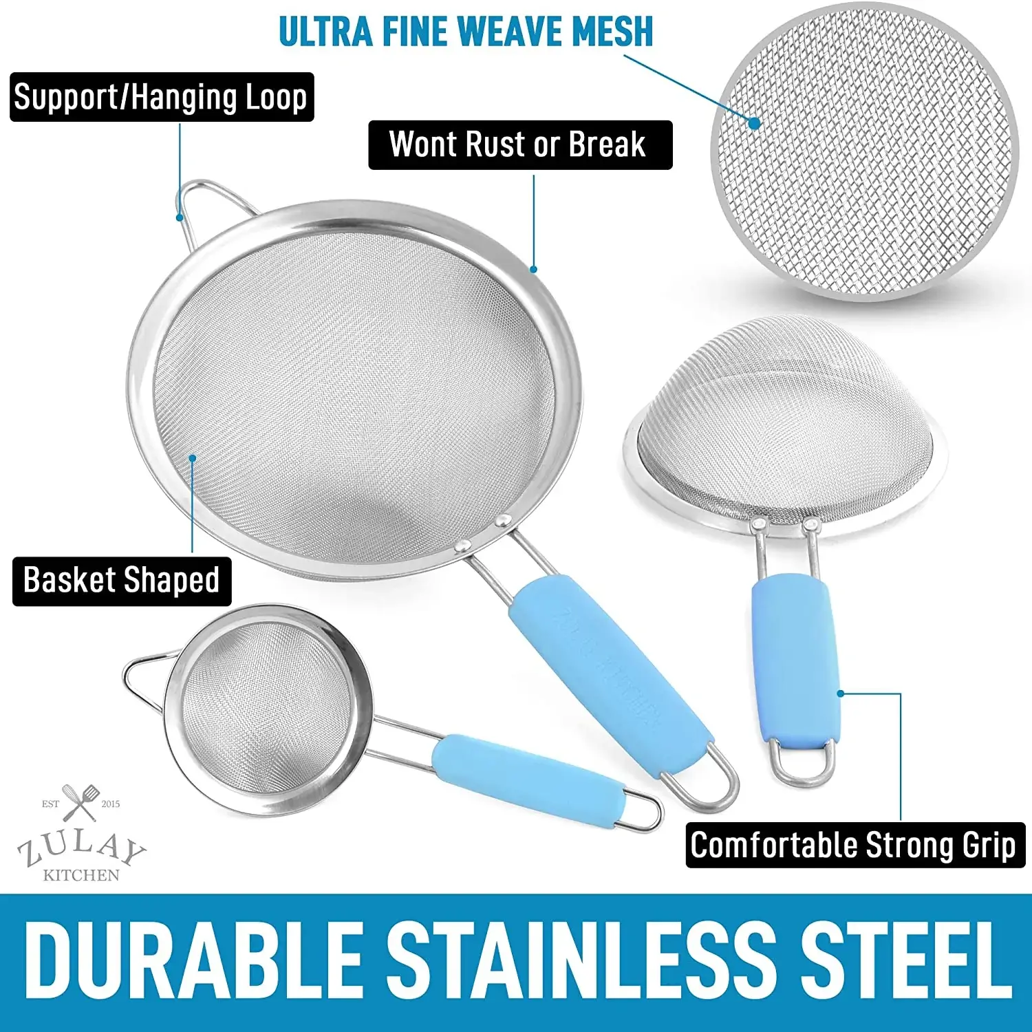 Kitchen Strainer For Sifting, Straining, & Draining (Set of 3)