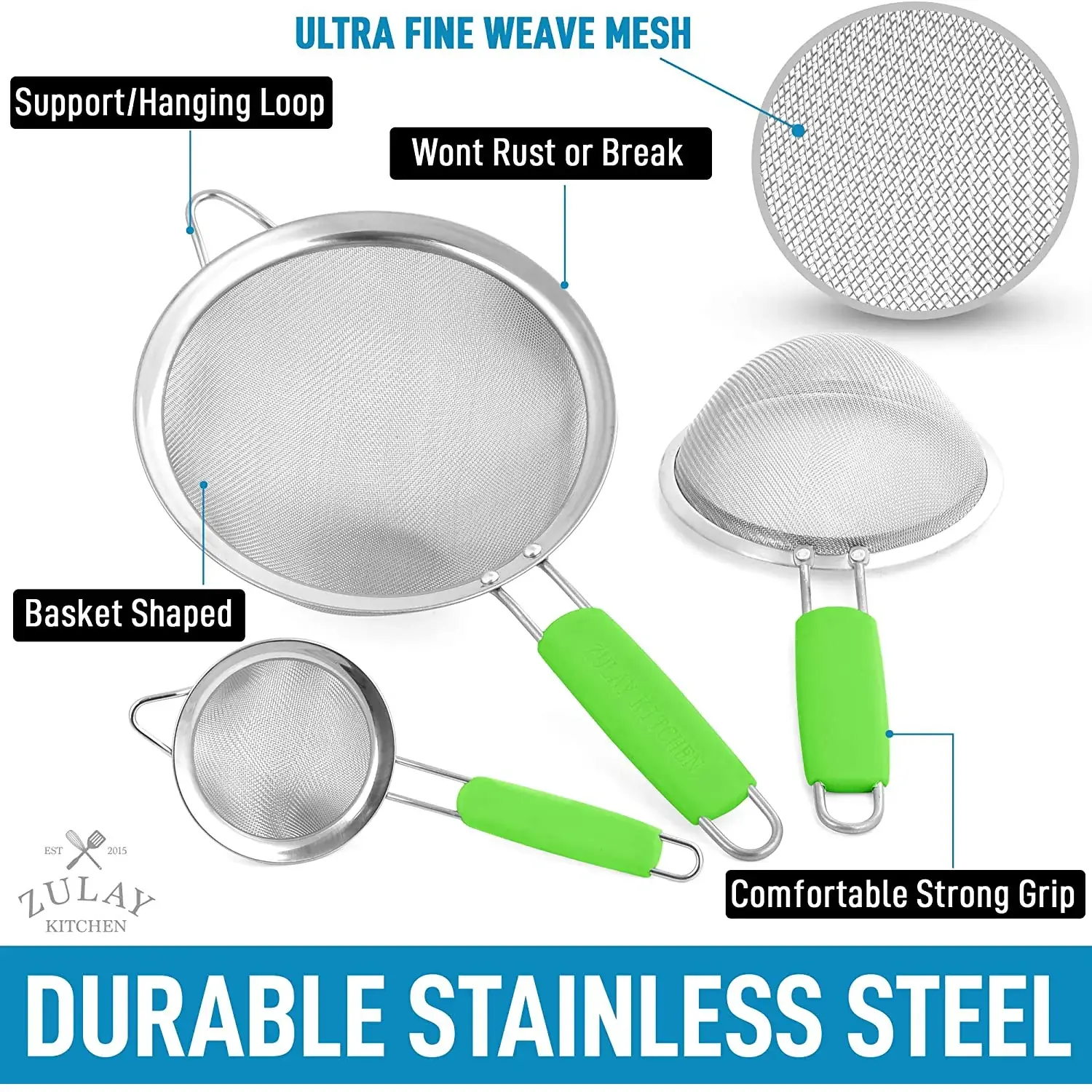 Kitchen Strainer For Sifting, Straining, & Draining (Set of 3)