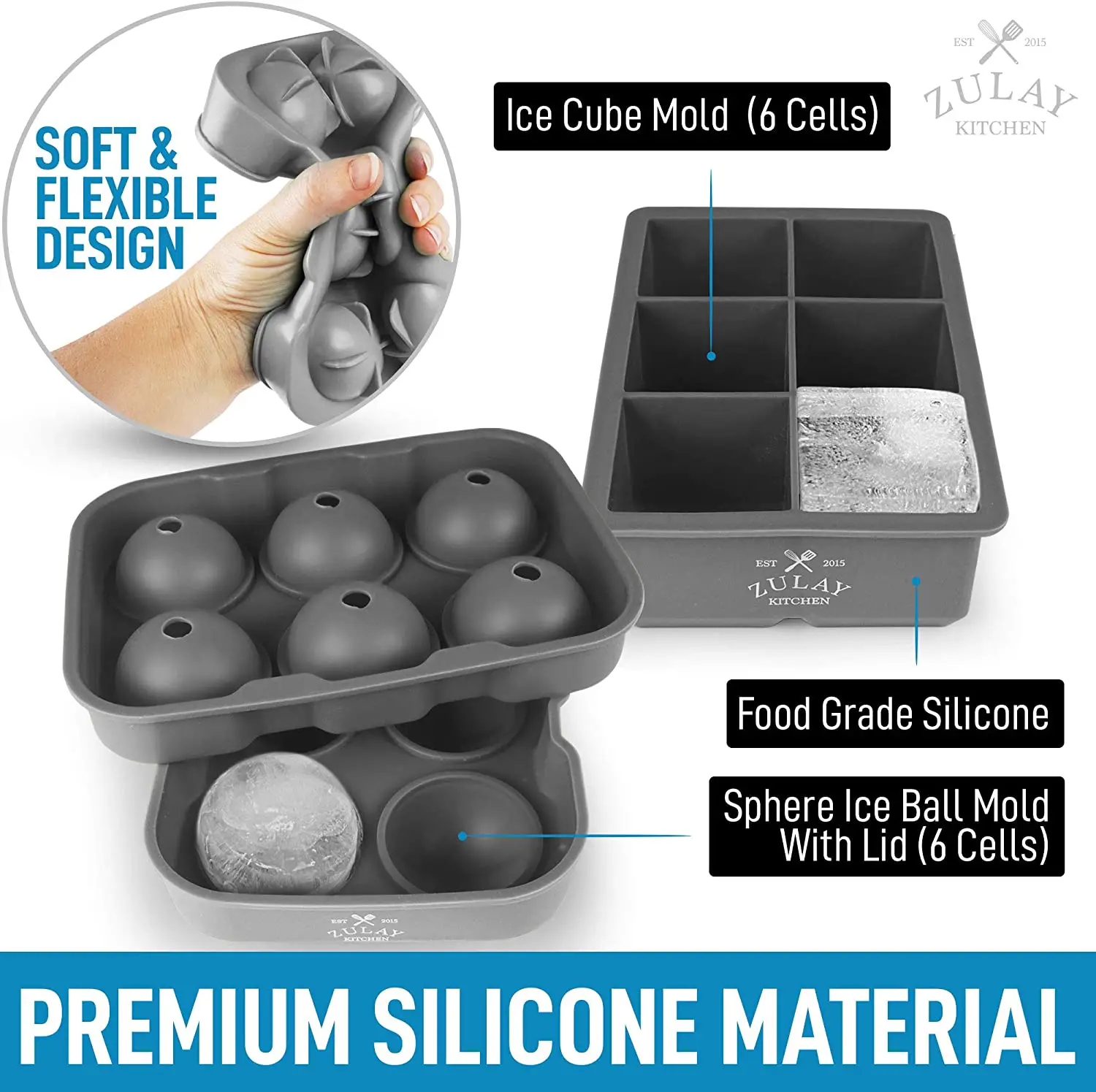 Silicone Square Ice Cube Mold and Ice Ball Mold (Set of 2)