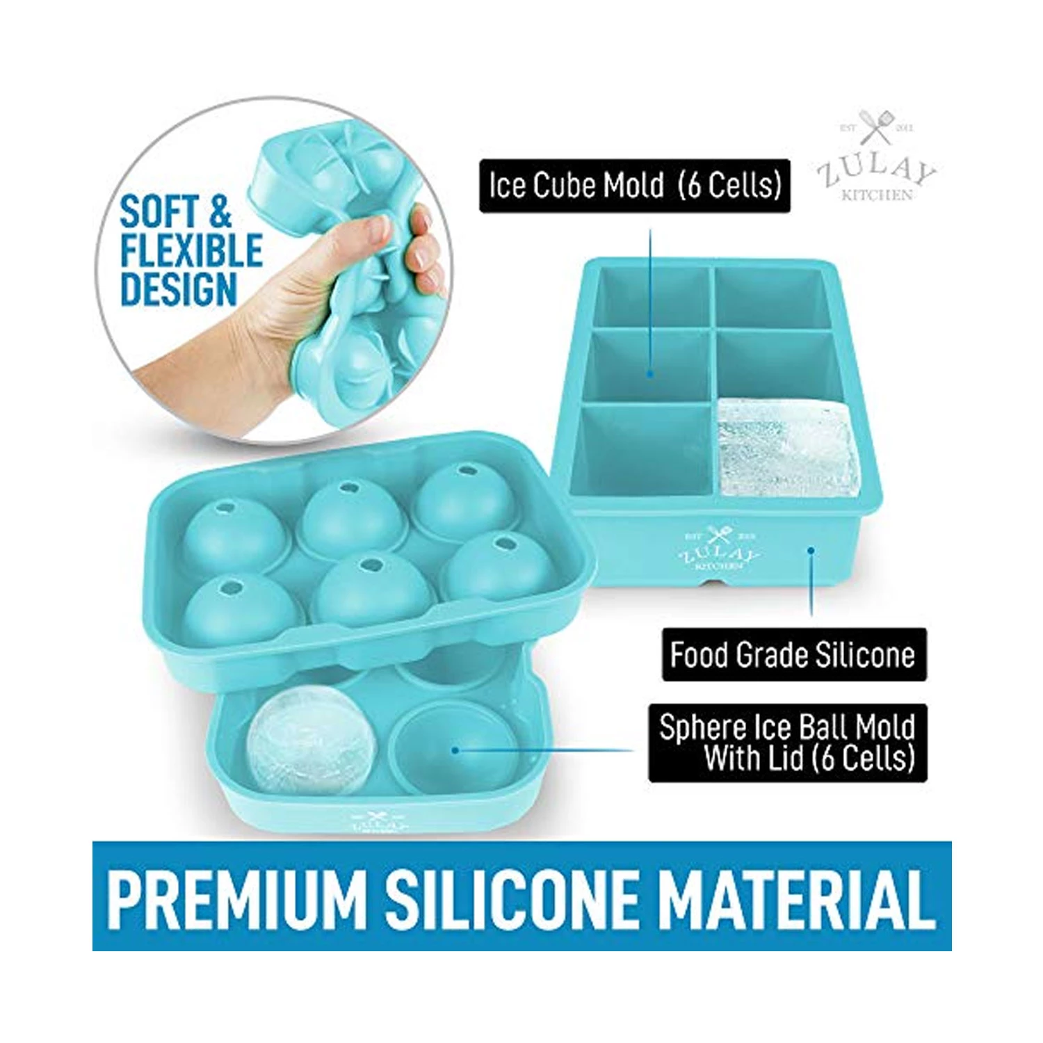 Silicone Square Ice Cube Mold and Ice Ball Mold (Set of 2)