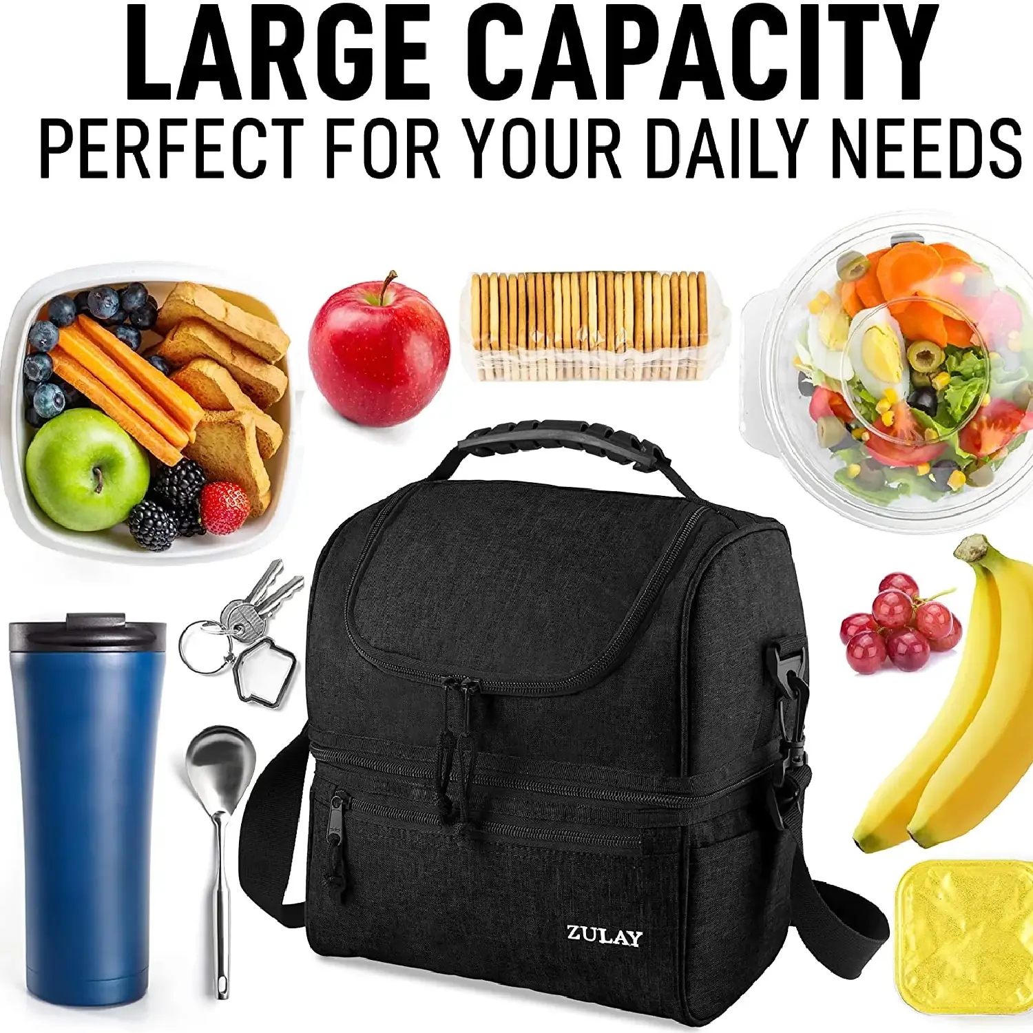 Insulated 2-Compartment Lunch Box Bag With Strap