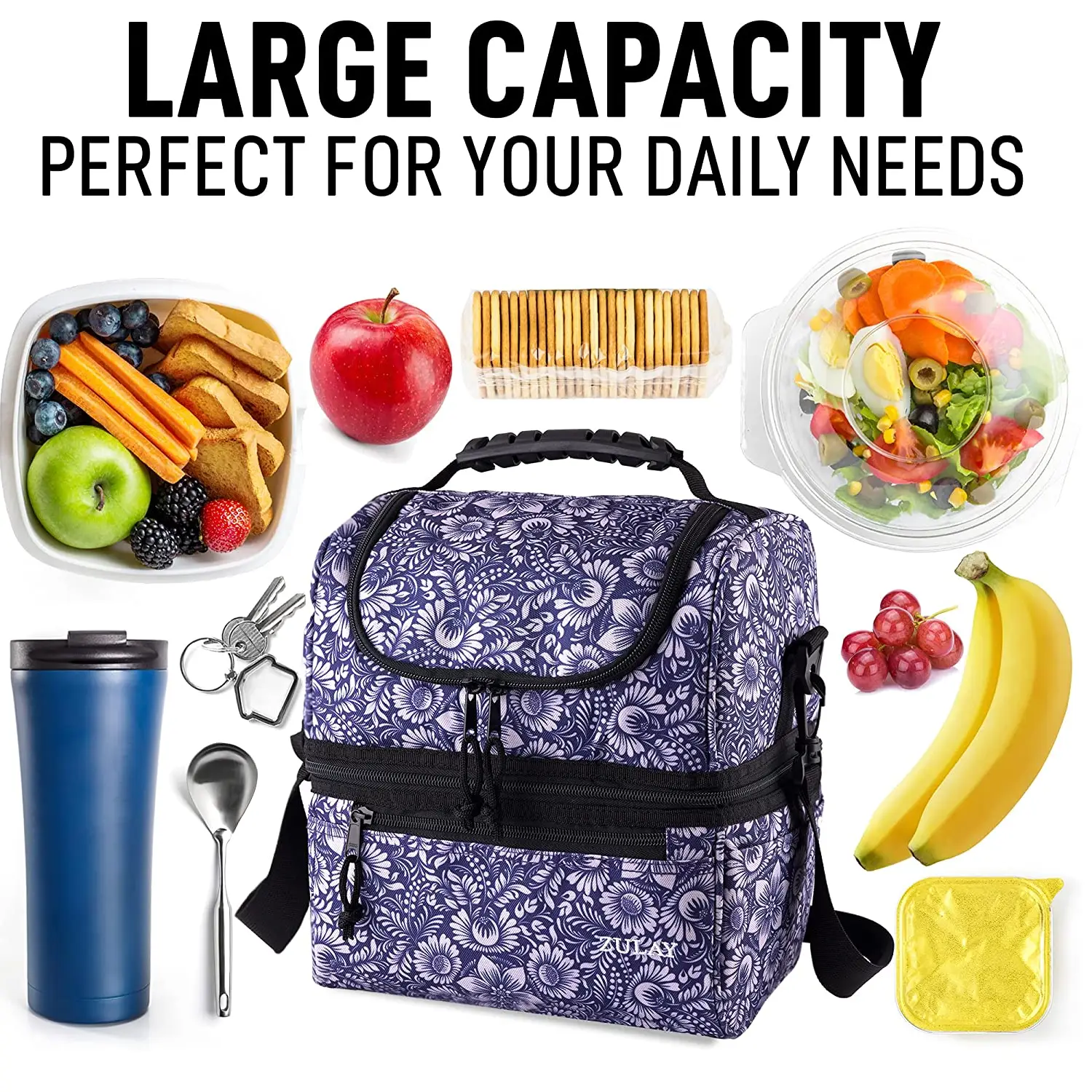 Insulated 2-Compartment Lunch Box Bag With Strap