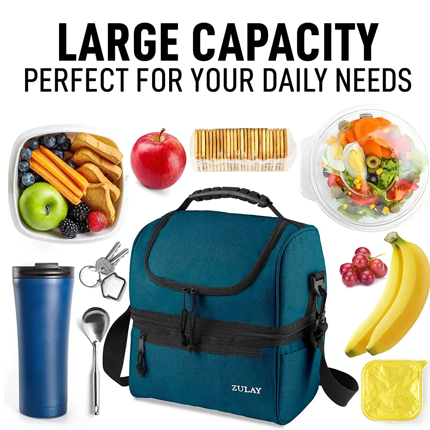 Insulated 2-Compartment Lunch Box Bag With Strap