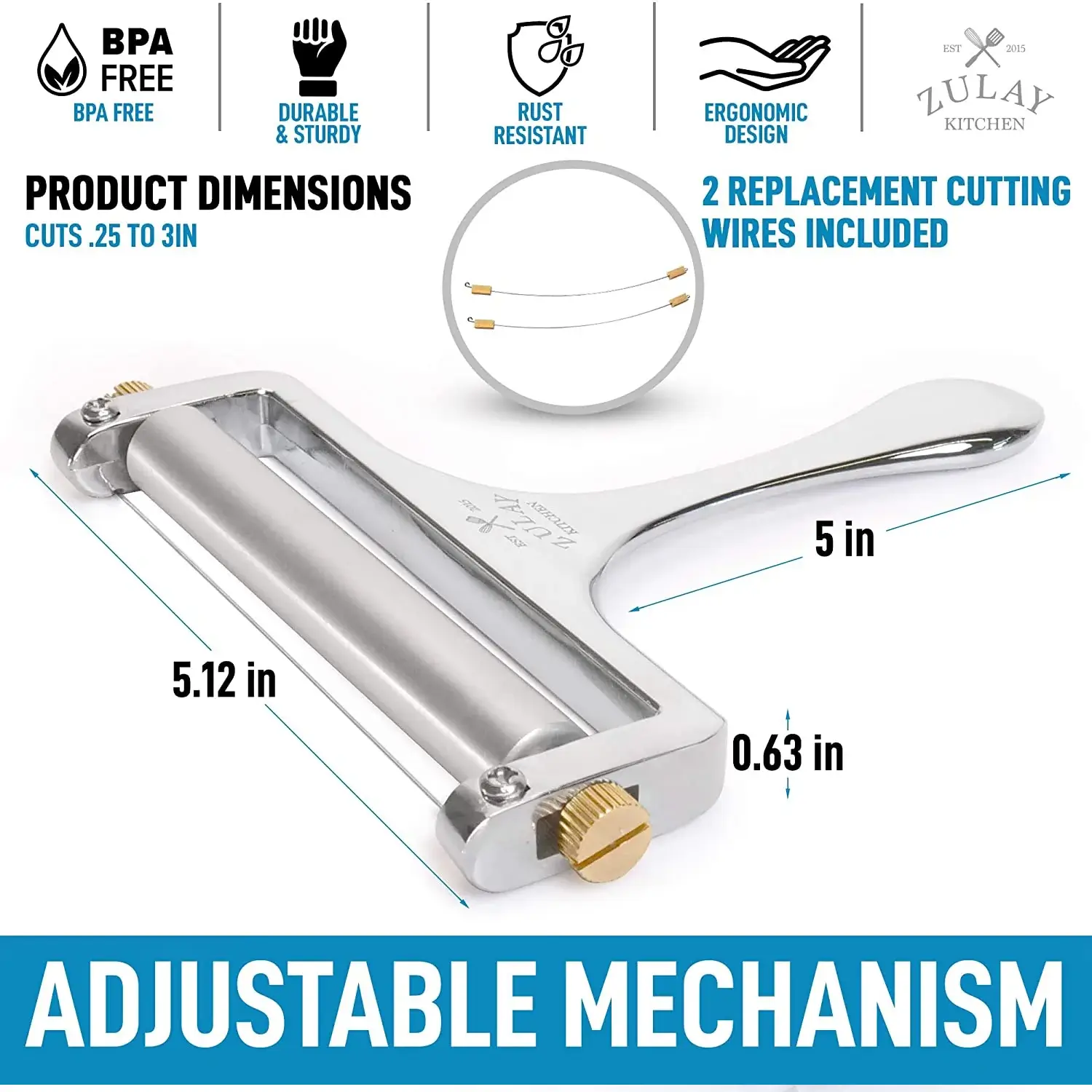 Wire Cheese Slicer With Adjustable Thickness For Soft & Semi-Hard Cheeses - 2 Extra Wires Included