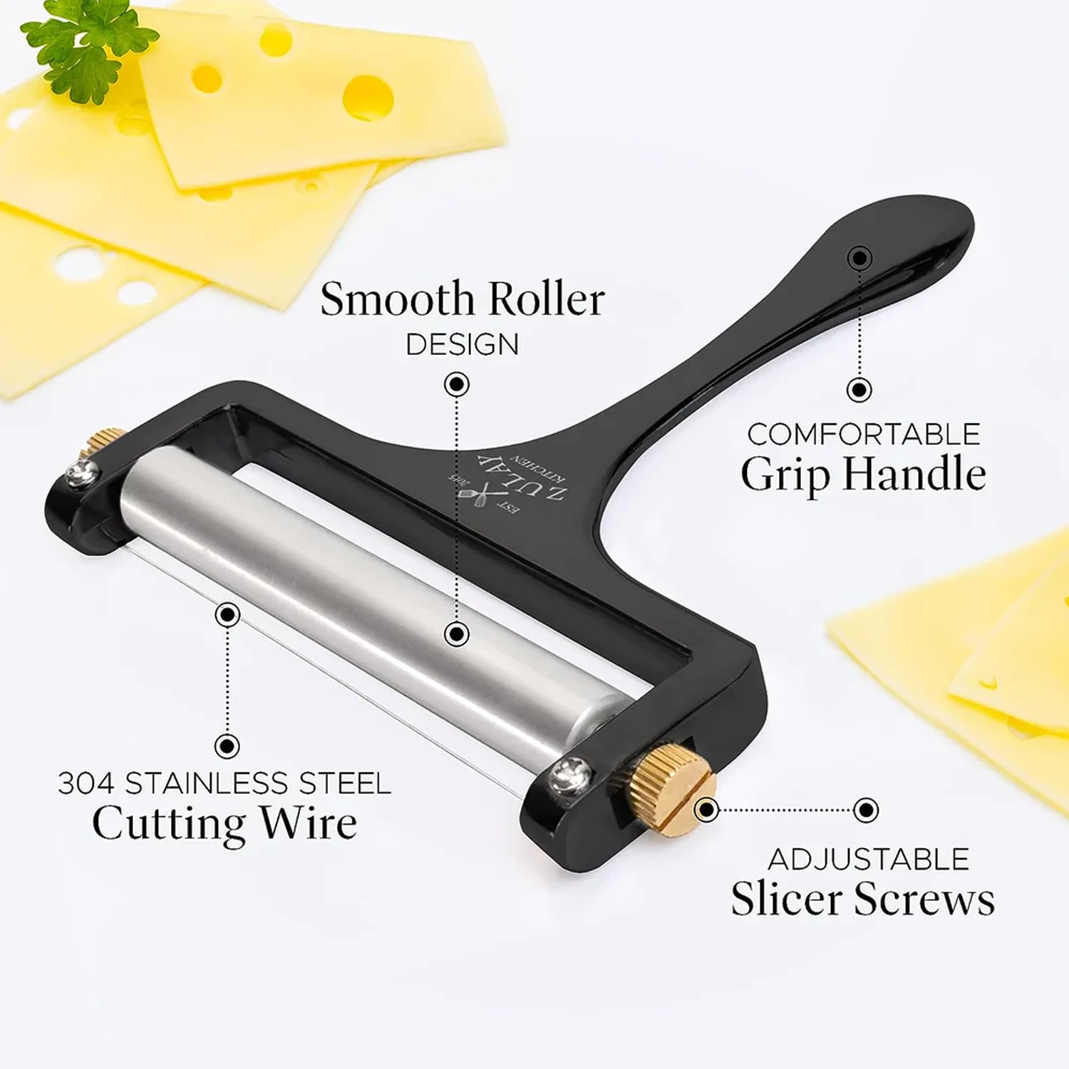 Wire Cheese Slicer With Adjustable Thickness For Soft & Semi-Hard Cheeses - 2 Extra Wires Included