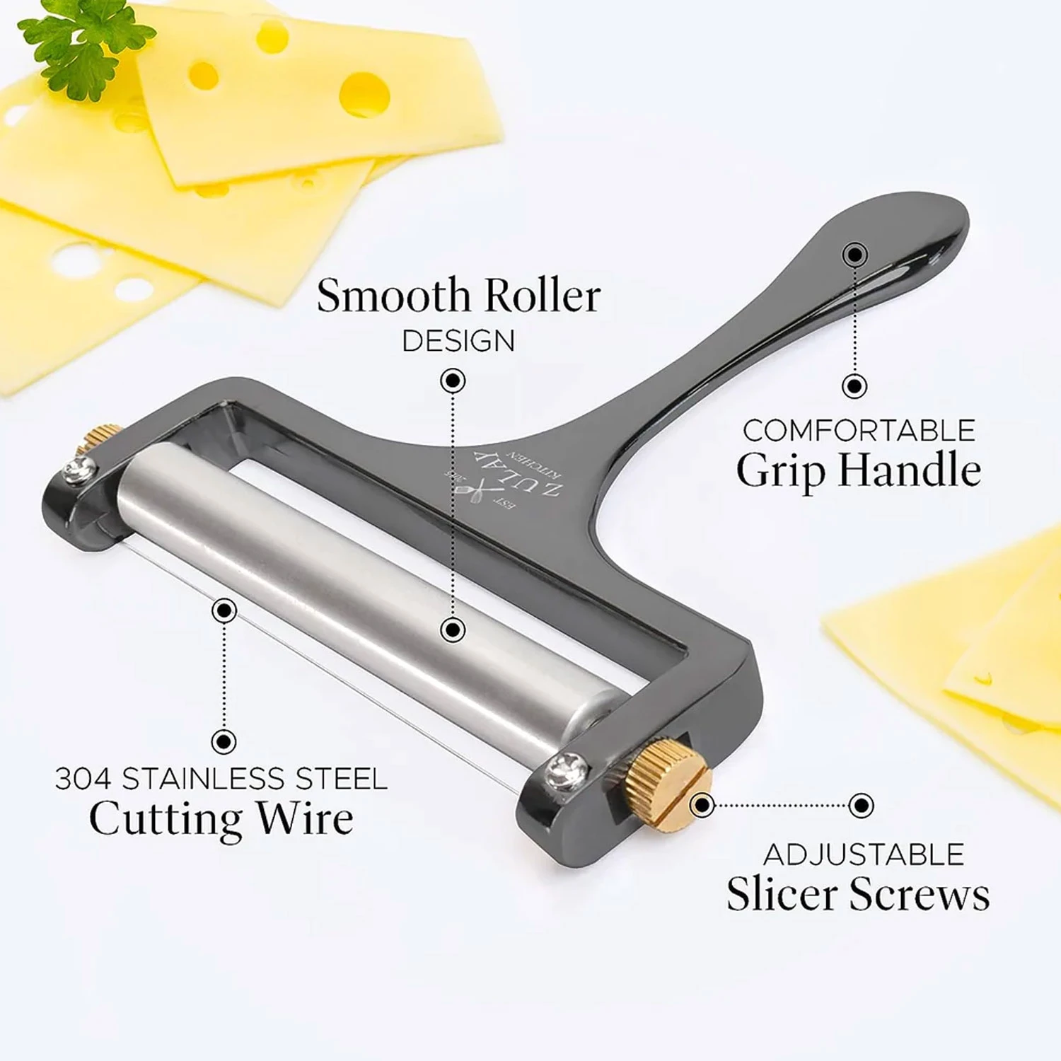 Wire Cheese Slicer With Adjustable Thickness For Soft & Semi-Hard Cheeses - 2 Extra Wires Included