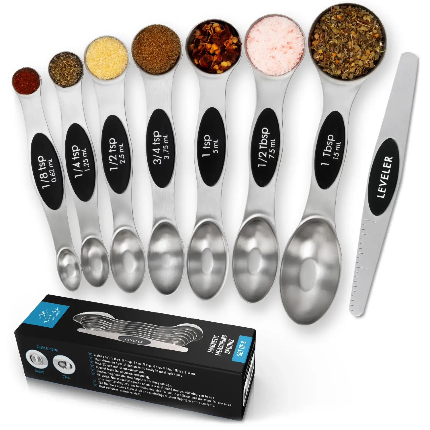 Stainless Steel Magnetic Measuring Spoons, 8 Piece Set With Leveler