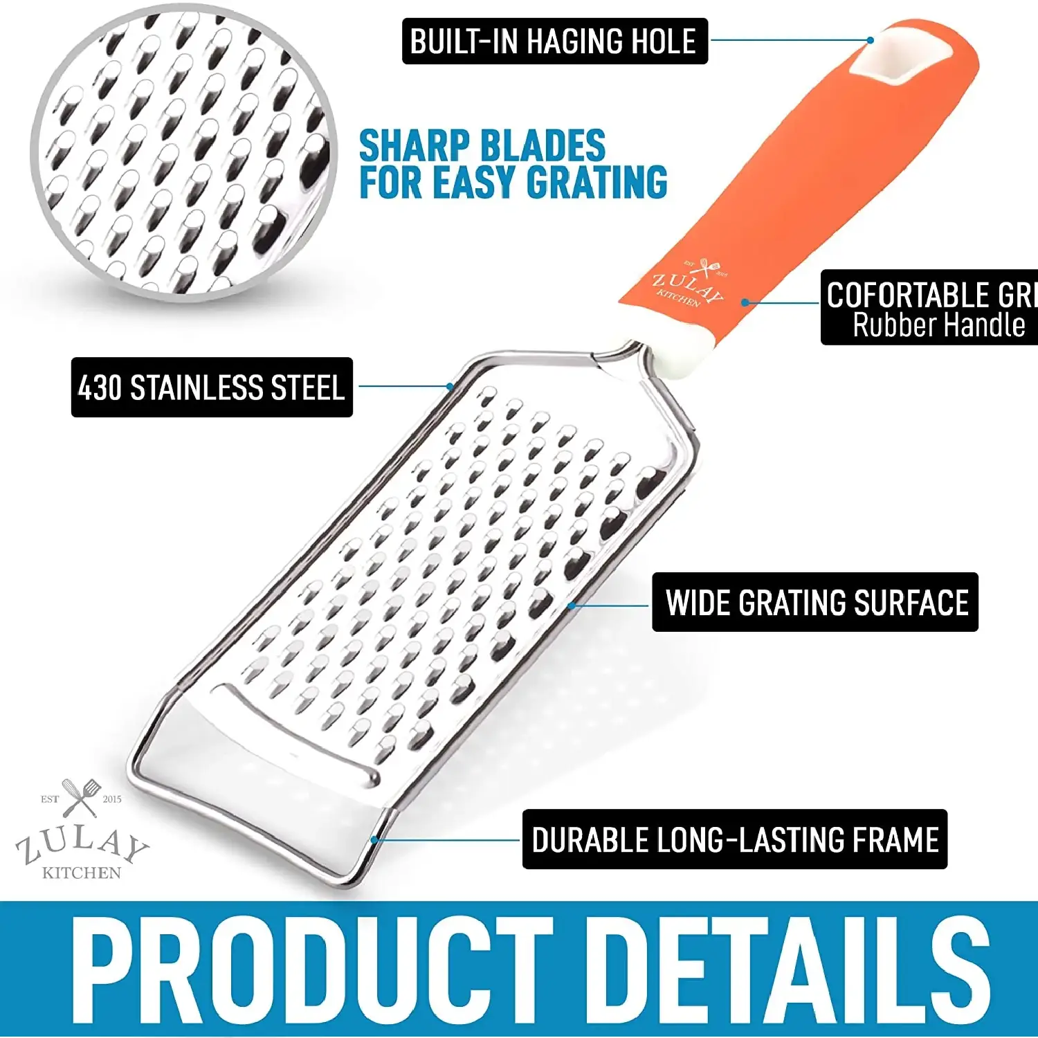 Zulay Kitchen Professional Stainless Steel Flat Handheld Cheese Grater