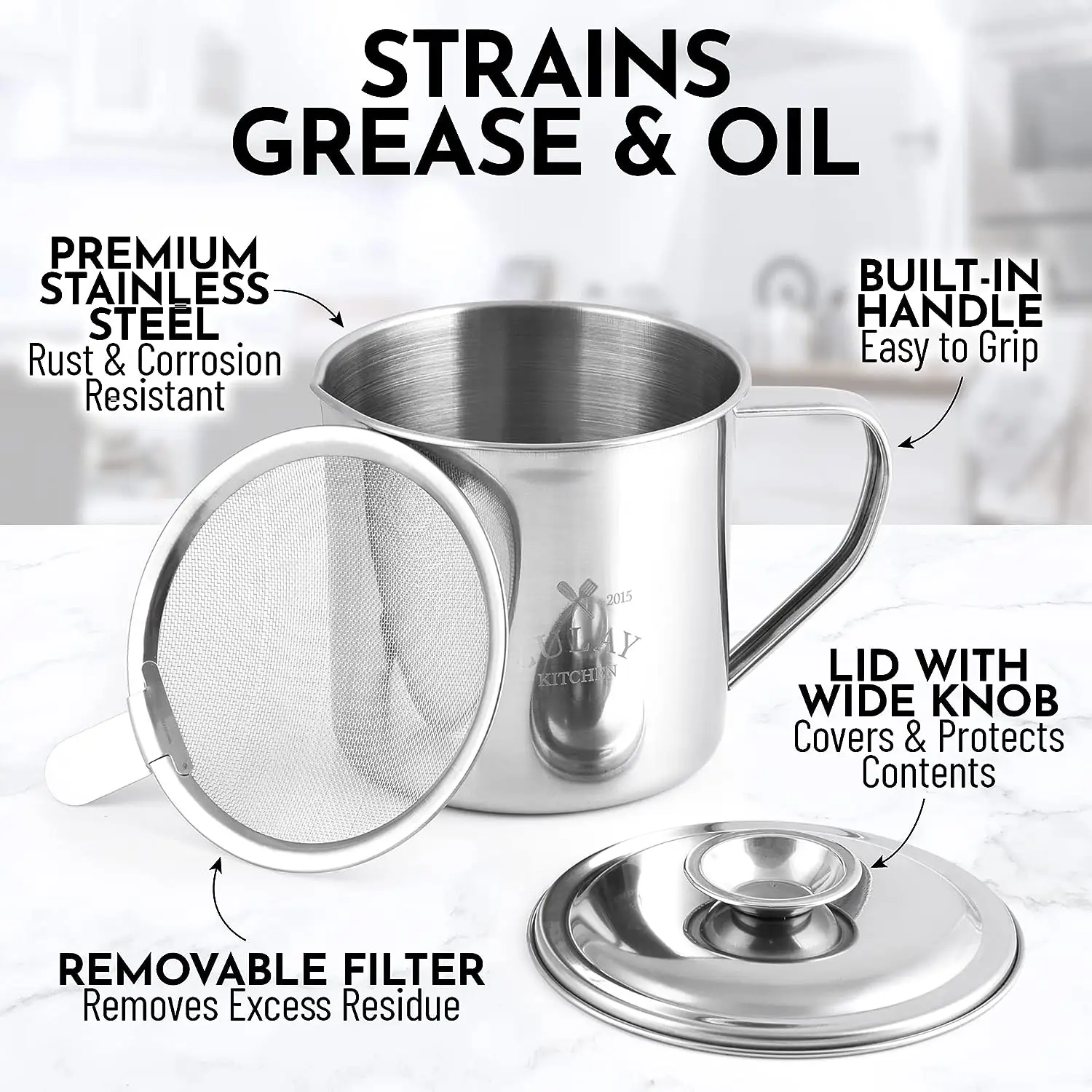 Bacon Grease Container With Strainer And Lid