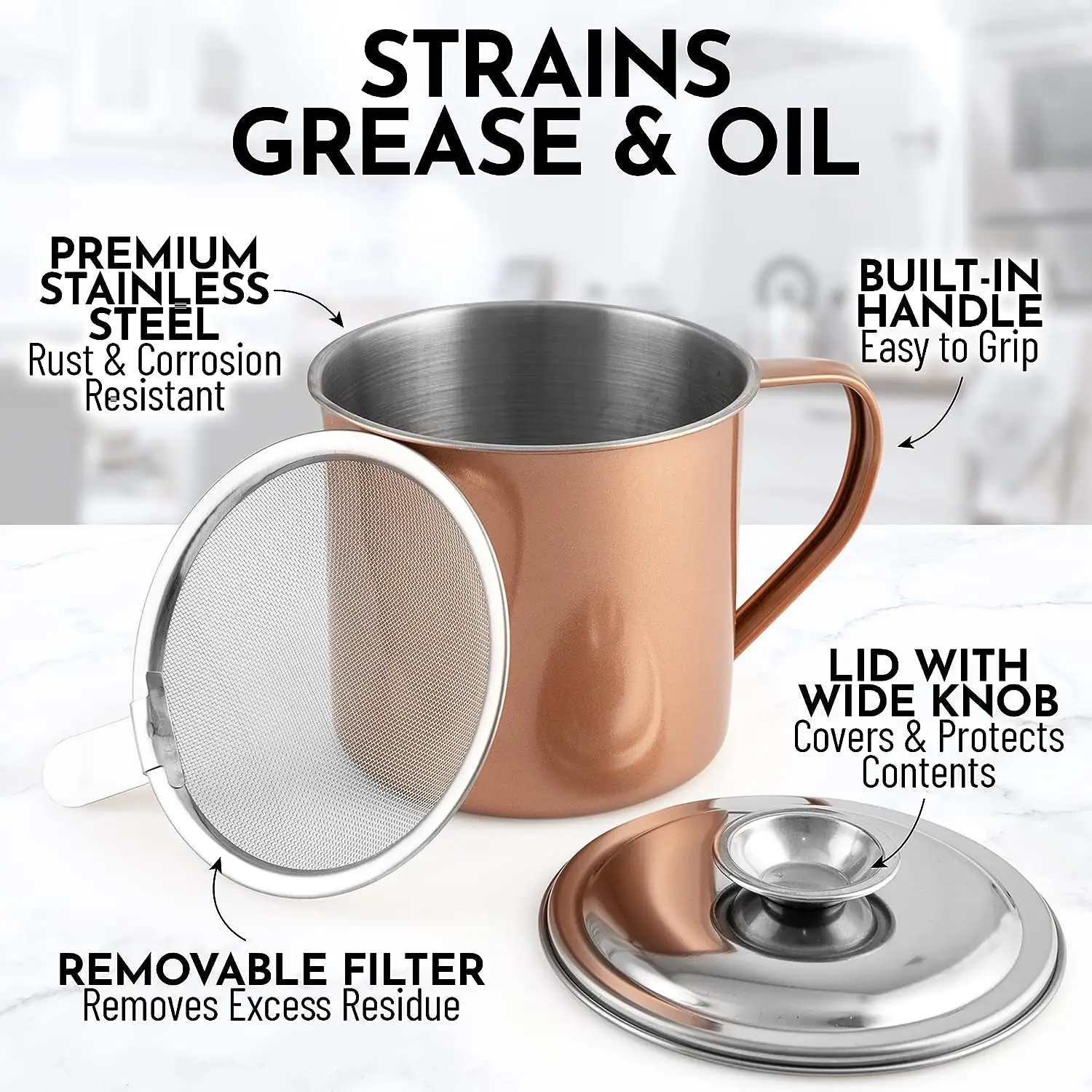 Bacon Grease Container With Strainer And Lid