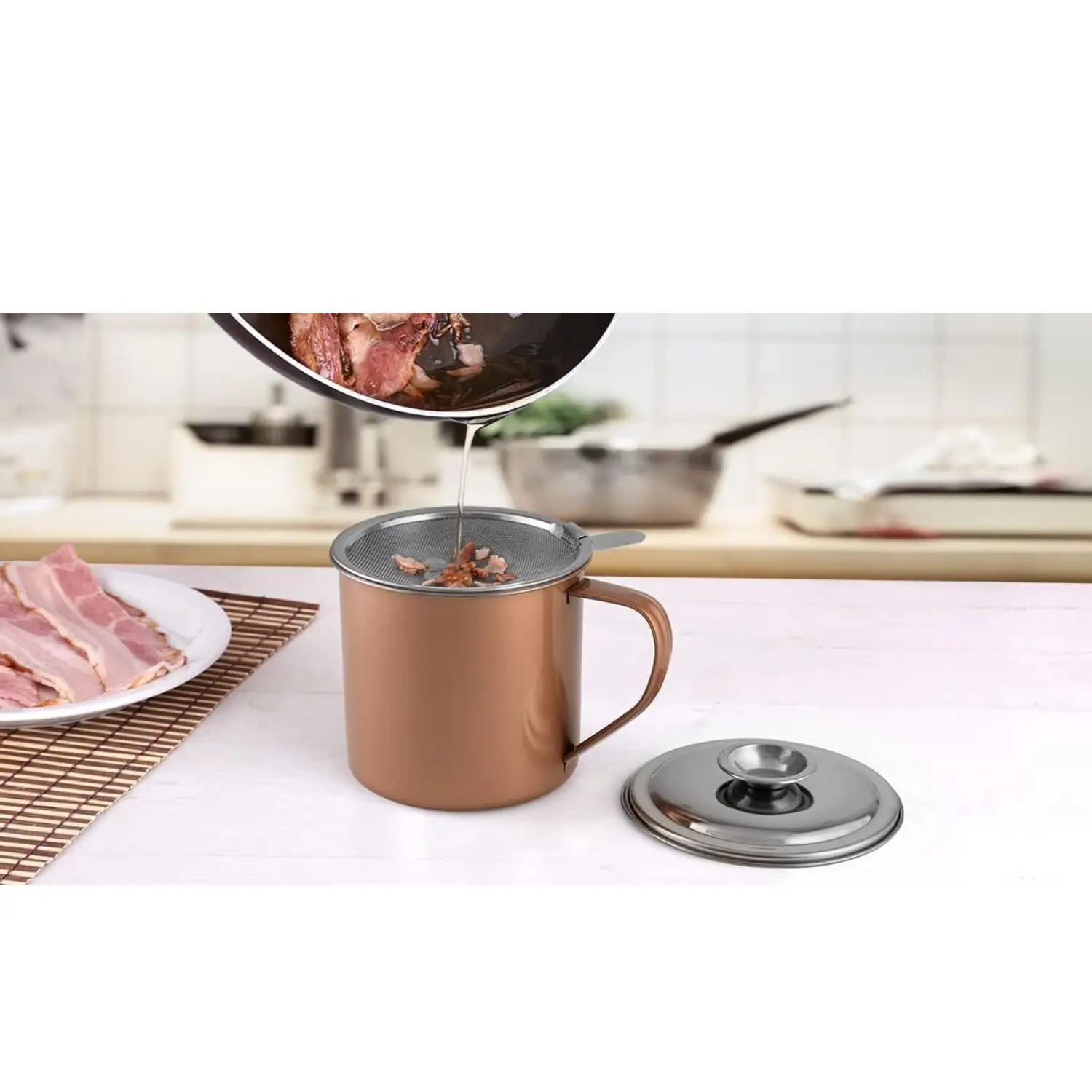 Bacon Grease Container With Strainer And Lid