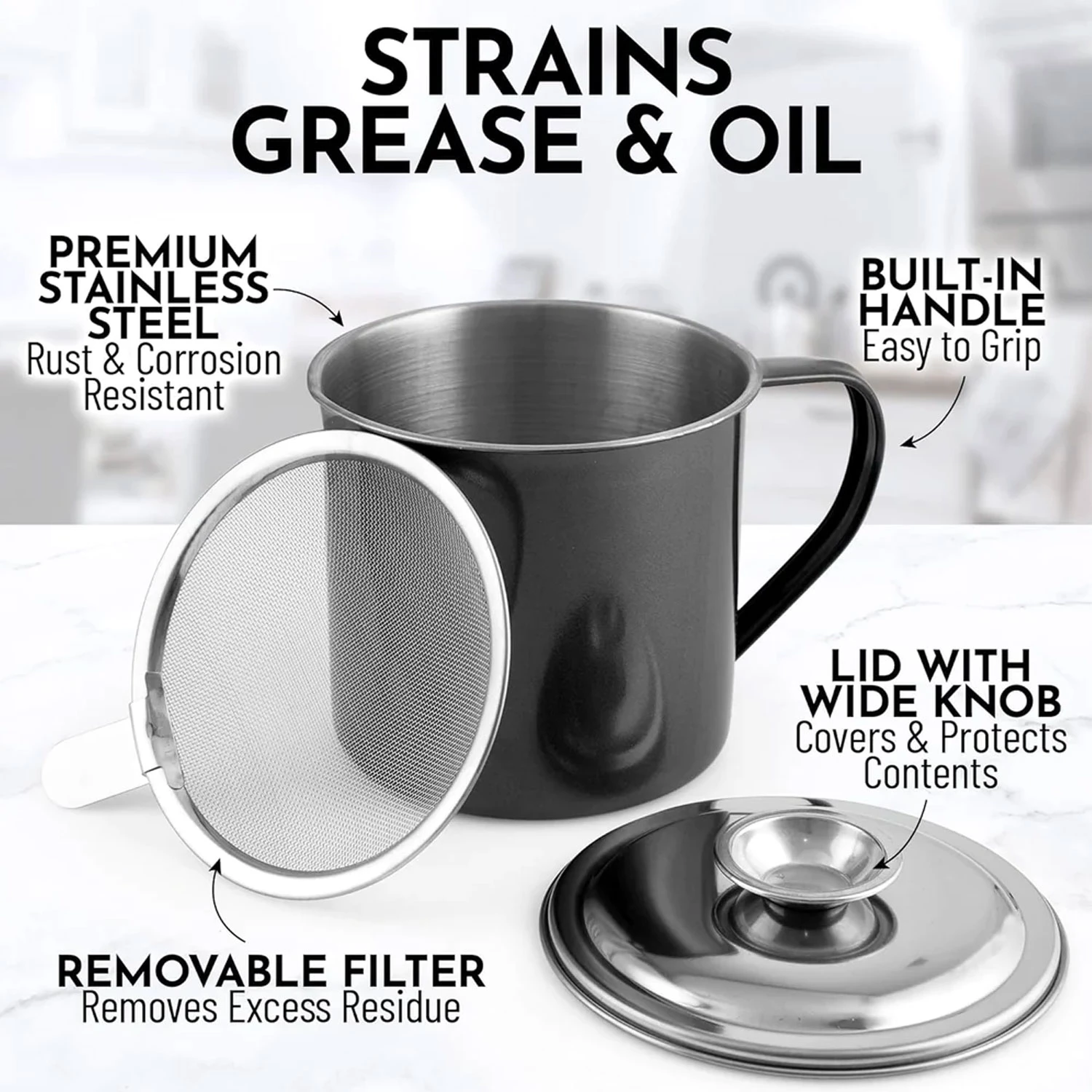 Bacon Grease Container With Strainer And Lid